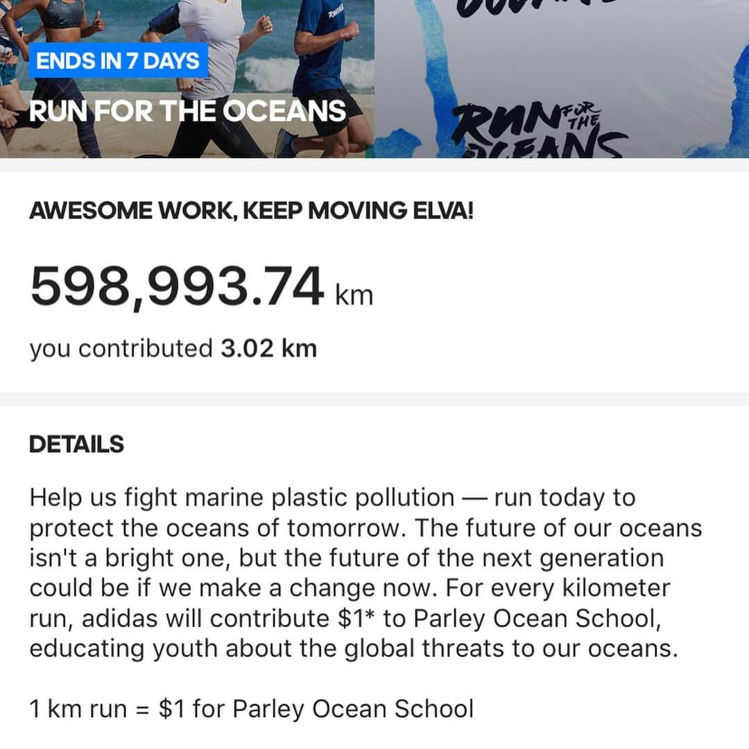 Elva Niさんのインスタグラム写真 - (Elva NiInstagram)「Let’s do this together!  Download App Runtastic, for every kilometre we run collectively during June 8-16th, Adidas will donate one U.S. dollar to Parley Marine School whose mission is to provide environmental education to protect the ocean. 6 days left! Let’s run for the oceans 🌊🌊🌊 @adidas @adidashk  #worldoceansday #RunForTheOceans #adidasRunnersHongKong  #adidashk」6月9日 12時10分 - misselvani