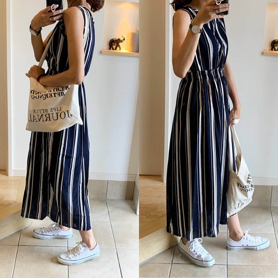 mocchiのインスタグラム：「2019.06.10 こんばんは🌝 ・ ・ 明日からハワイへ行ってきマース！🌴 ・ 子連れでの飛行機は初めてだから 色々と不安はあるけど みんなに教えてもらった、必需品とか持って行ってくるね🤙 ・ ・ 荷物減らしたくて普段は着ないワンピース率高め✌️ ・ 涼しいし、楽だし、荷物減るし最高✨ ・ ・ @fifth_store のマルチカラーストライプワンピース 形も可愛くて キレイめにもカジュアルにも着れて🙆‍♀️ ・ ・ 昨日から荷造りしてたけど、すでに疲れた🤦‍♀️ ・ ・ なんか、忘れてそう。 でも、何を忘れてるのか分からない😂 ・ ・ 旅行行く時、いつも何か忘れてる気がするって思うけど だいたい何も忘れてないんだけどね←なんの話 ・ ・ ・ #fifth#fifthtl#フィフス #リゾートコーデ#ワンピース#ワンピースコーデ#マルチカラーストライプワンピース」