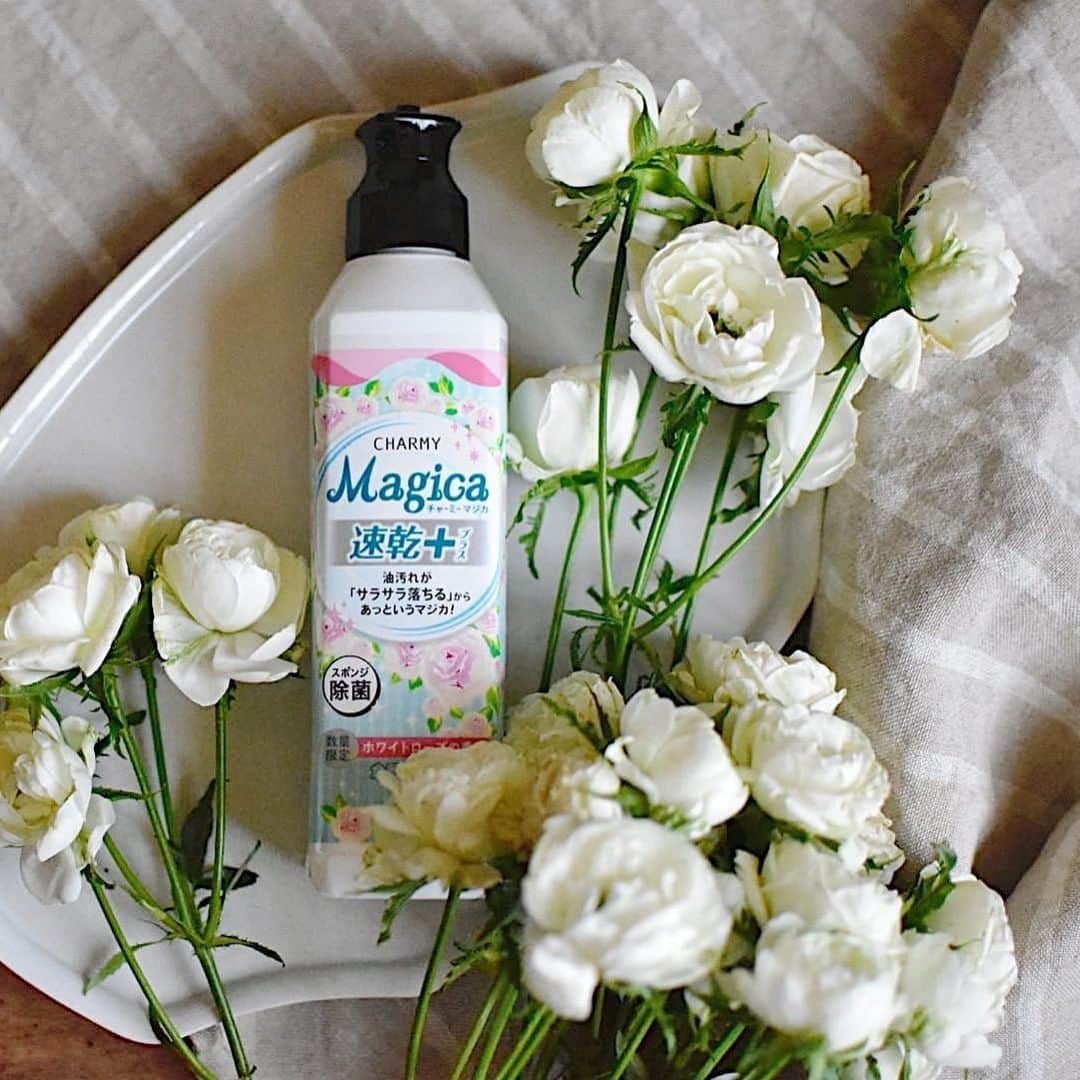 LieE 古道具のインスタグラム：「LIONさんに『Magica速乾プラス ホワイトローズの香り』を頂きましたので、レビューしていきます！  こつこつ集めてきた大切な #食器 たちを洗うとき さいきんのお気に入り #マジカ ☺︎ フローリストと一緒に香りを開発したリアルローズの香りが まるでお花屋さんにいるように気持ちよくって お皿を洗う気持ちまでラクに ☺︎ 水切れがよくて 乾くのがはやいから 拭く手間も減って 時短に ♩ ふきんもあまり濡れずに カラッとして 匂いが気にならないのも嬉しい  #時短家事 #キッチン #ローズ #PR #速乾 #花屋」