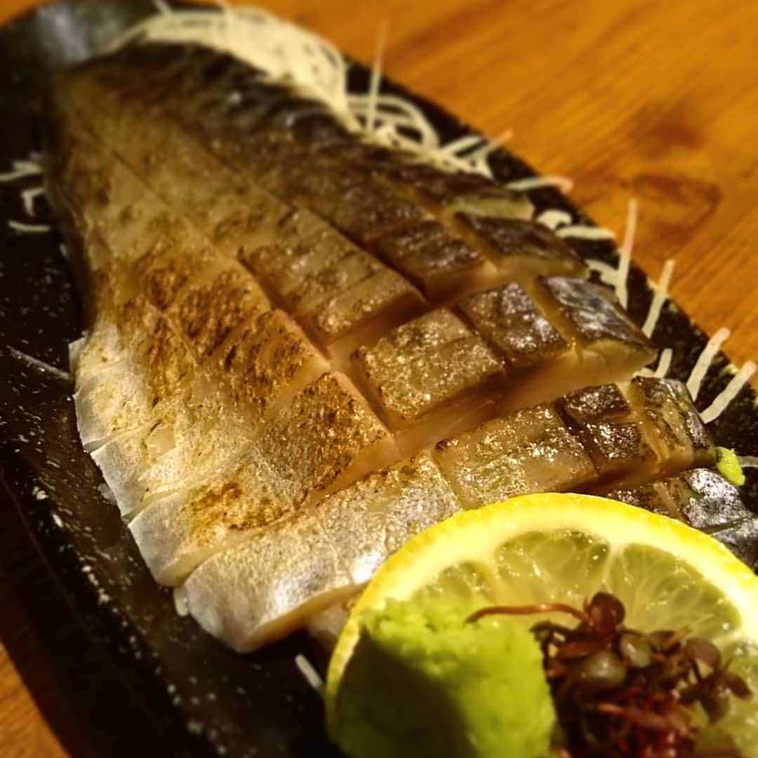 九州うまか 北浜店のインスタグラム：「炙りしめ鯖でございますよ。  #九州うまか#九州うまか北浜店#北浜#淀屋橋#天満橋#京橋#肥後橋#堺筋本町#大阪#大阪グルメ#居酒屋#日本酒#焼酎#純米#泳ぎイカ#もつ鍋#九州料理#九州#博多#福岡#鹿児島#宮崎#佐賀#長崎#大分#熊本#肉#鯖」