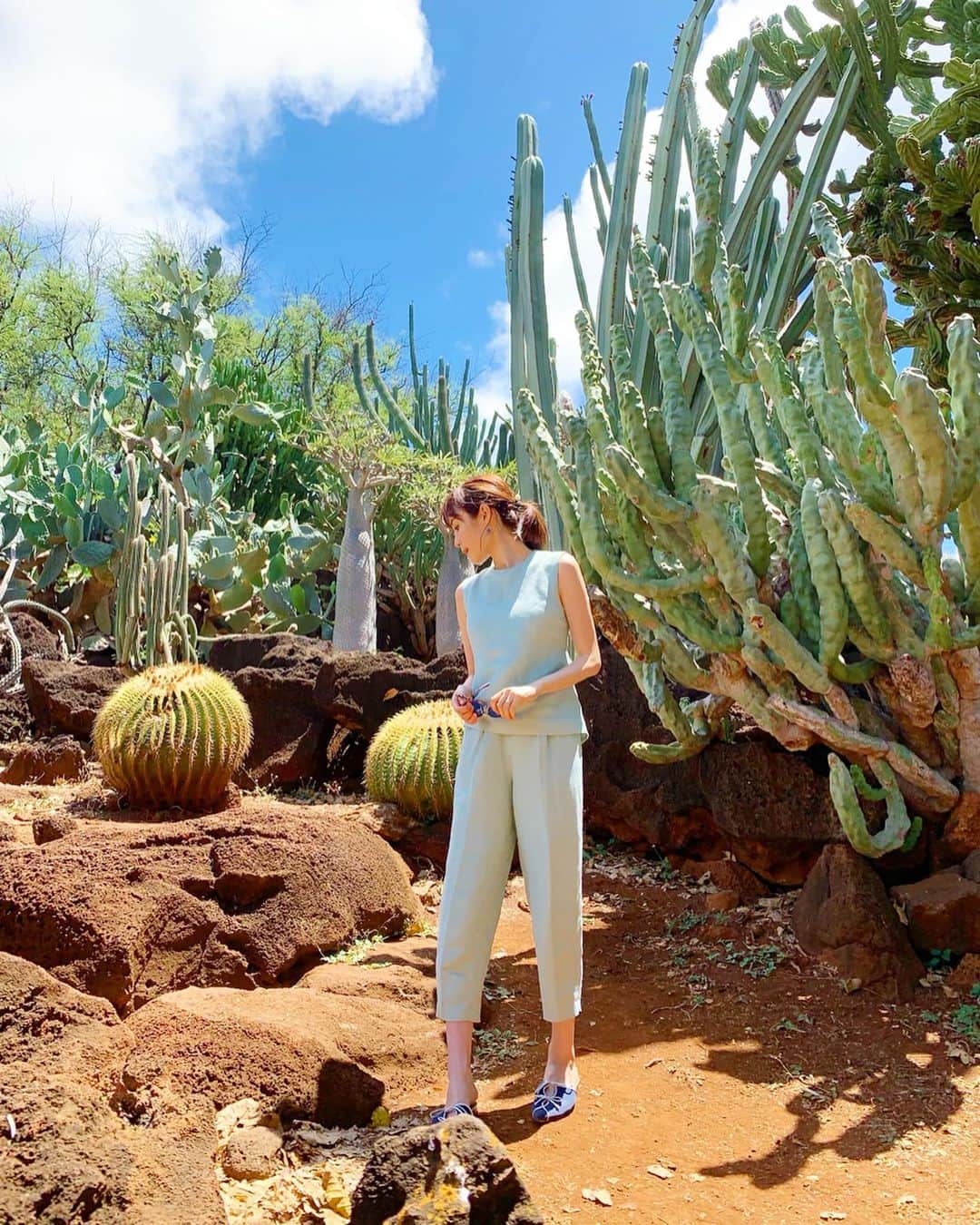 小林真由のインスタグラム：「ファーマーズマーケットの帰りに見つけた﻿﻿大きなサボテン🌵✨﻿﻿ すんごい生命力！！ ﻿﻿ ﻿﻿ 数年ぶりに見に行ったこの木なんの木も﻿﻿ やっぱり大きかった〜🥥﻿ 公園が広くて一休みするのに最高のスポット！﻿ ﻿ ﻿ 子連れ飛行機について質問頂くのですが、﻿ 気を付けてることは 離着陸時に授乳をすることと﻿ 娘が好きなおもちゃを持っていくこと﻿ ミルクをいつでもあげられる状態にすること 後は乗る時間にお昼寝タイムを合わせたりして﻿ 出来るだけ寝てもらってます🥺﻿ もっと大きくなってからの方が﻿ ドキドキだろうなぁ🙈🍍﻿ ﻿ ハワイの往復もコニーでほぼ寝てくれて﻿ 起きてる時も上機嫌で助かった🙏﻿ CAさんが好きみたいでした☺️﻿ ﻿ ﻿﻿ #hawaii #Honolulu #waikiki #travel #fashion #kccfarmersmarket #farmersmarket #ハワイ #ホノルル #ワイキキ #旅行 #家族旅行 #子連れ旅行 #子連れハワイ #子連れ飛行機 #ファッション #コーデ #ママコーデ #コーディネート #ミラオーウェン #セットアップ #サボテン #ファーマーズマーケット #kccファーマーズマーケット #モンキーポッド #この木何の木」