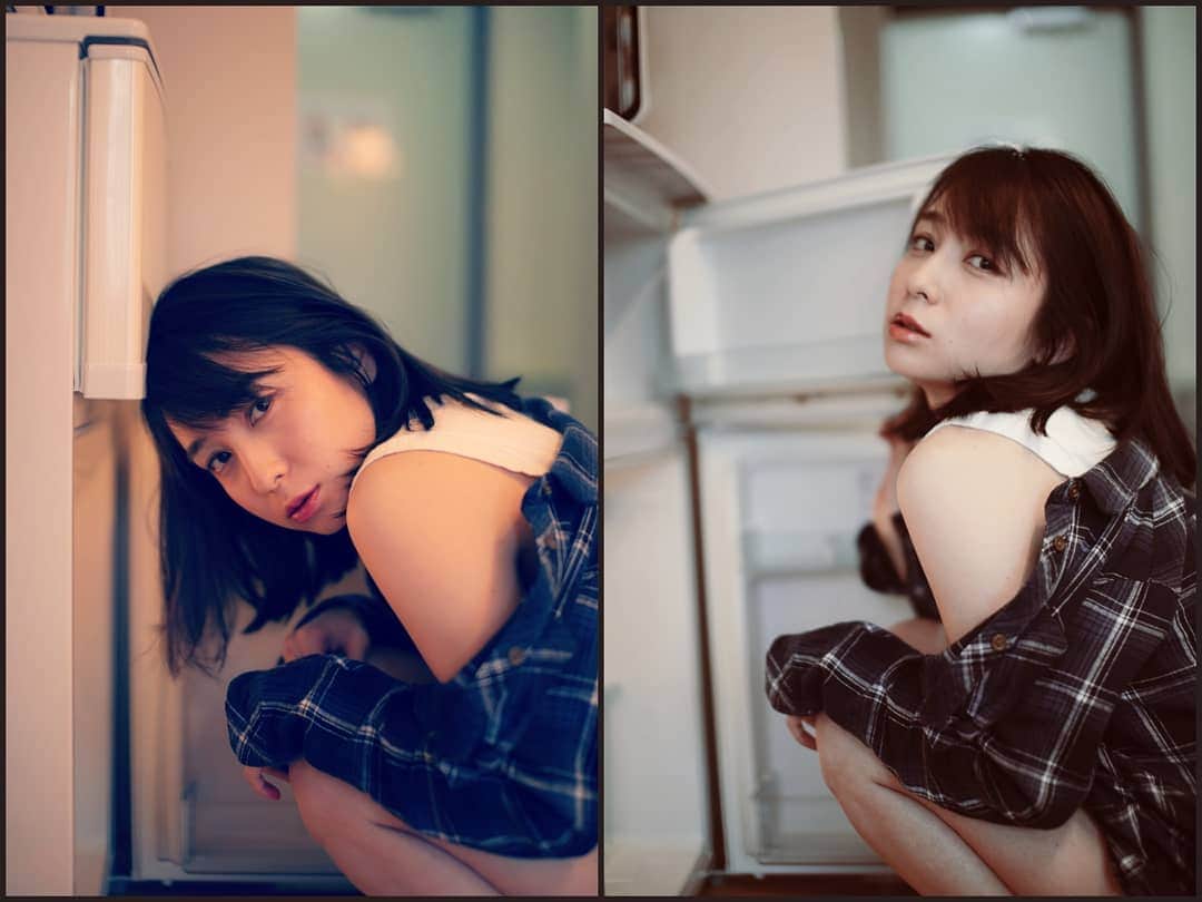 柚月美穂のインスタグラム：「#randompic . おまけ. . . 冷蔵庫はちゃんと閉めましょう。 . . . #冷蔵庫 と#バスルーム ※スタジオなので電源ははいっておりません。笑 . . . #📷 #Canon #5d . #housestudio #ハウススタジオ . . . #青 #blue #ノースリーブ #チェックシャツ #ネルシャツ #ショートパンツ  #ボブ #ミディアムボブ」
