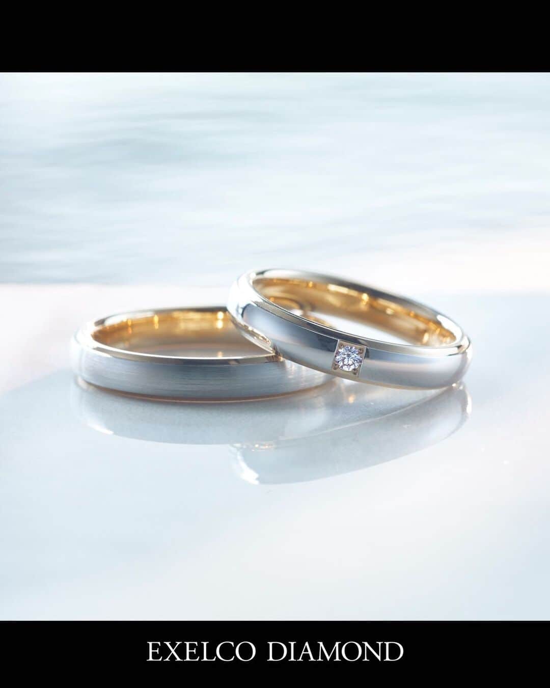 エクセルコ ダイヤモンド 婚約指輪♔結婚指輪のインスタグラム：「. EXELCO DIAMOND Marriage Ring Collection  L'Elue 〝レリュー〟 贈り合う喜び。 選ぶという意味をもつレリュー。 リングはあなたが選ぶもの、つまりあなたに選ばれるもの。 ゴールドとのコンビネーションが主張しすぎない大人の程よい個性を引き立ててくれます。  Womens ¥109,000（税抜） Mens ¥109,000（税抜）  他にも多数ご用意しております。公式HPをご覧ください。 * 店舗一覧 東京本店/盛岡店/仙台店/新潟店/青山店/町田マルイ店/横浜店/みなとみらい店/大宮店/ 宇都宮店/高崎店/静岡店/浜松店/金沢店/長野店/松本店/名古屋本店/大阪店/ 梅田店/京都店/神戸店/広島店/福岡店/ヒルトン福岡シーホーク店/小倉店/博多店/長崎ハマクロス411店/熊本店 * #エクセルコダイヤモンド　#exelcodiamond * *」