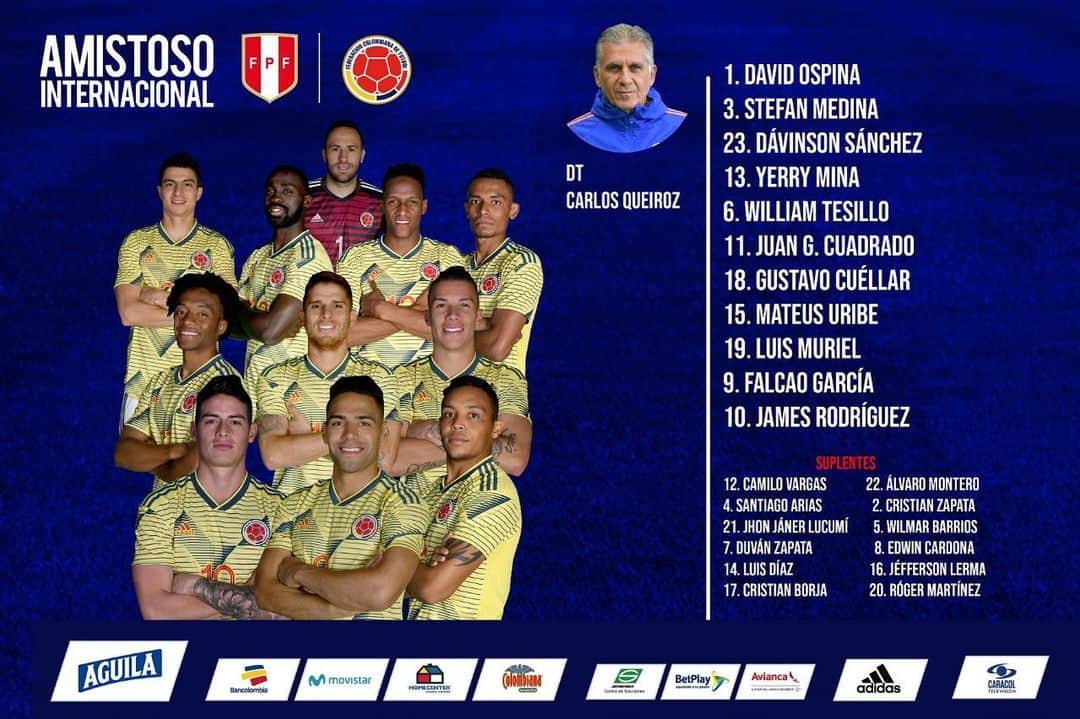 サッカー コロンビア代表チームのインスタグラム：「Nuestro 11 inicial para el partido ante Perú」