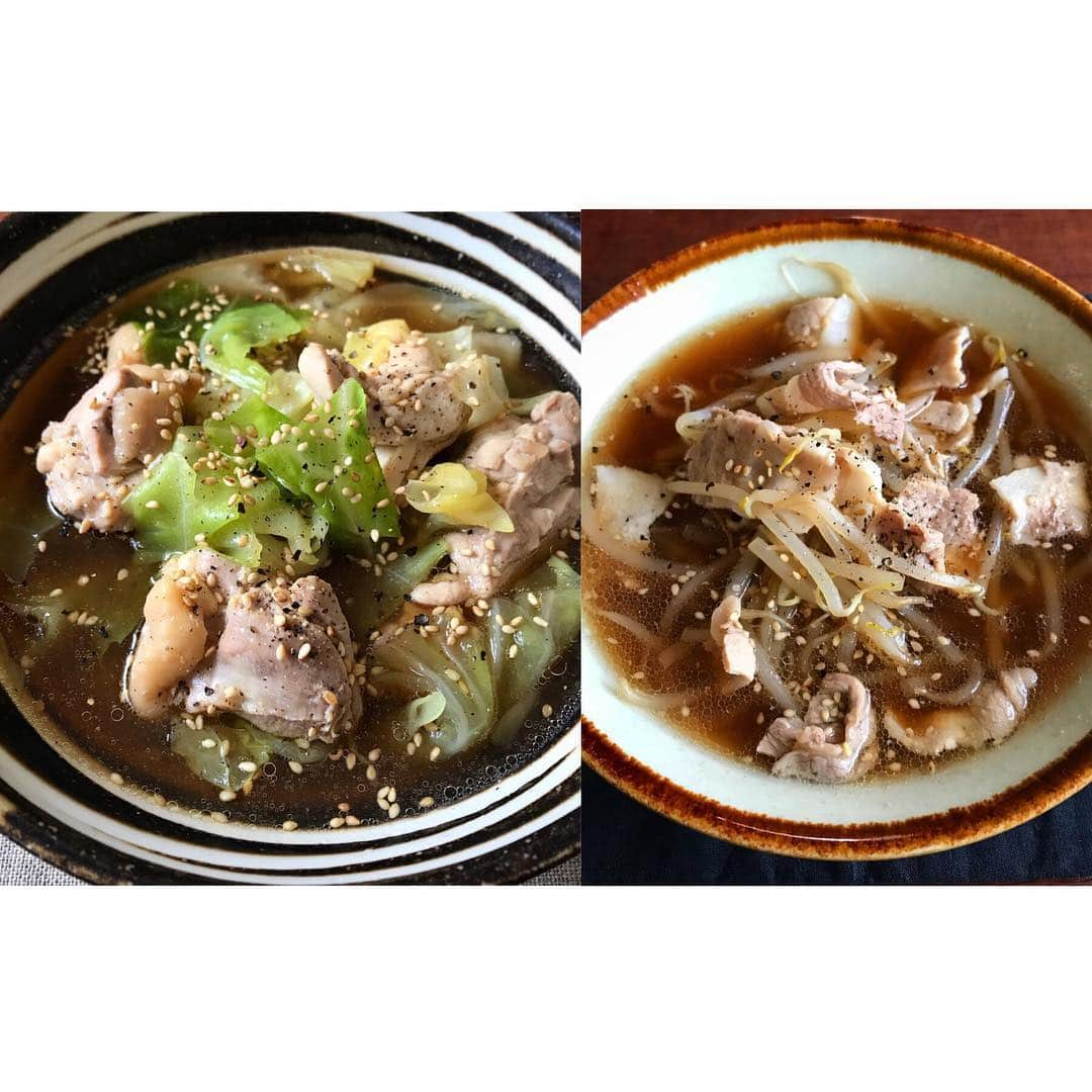 山本ゆりさんのインスタグラム写真 - (山本ゆりInstagram)「何も思いつかない、時間がない、でもちゃんと美味しいご飯が食べたいという時に家で作りまくってるレシピ。﻿ ﻿ とにかくスープがびっくりするほど美味しいです。﻿ ﻿ 締めにうどんや中華麺をいれるもよし、倍量にしてきのこや豆腐、ニラやマロニーちゃんを加えてお鍋として楽しむもよし。﻿ ﻿ 【鶏とキャベツのモツ鍋風】﻿ ﻿ ①鶏モモ肉1枚は一口大に、キャベツ1/4個はざく切りにする。﻿ ②お鍋かフライパンに［水3カップ(600ml)、顆粒鶏ガラスープの素、醤油、みりん各大さじ1、味噌大さじ1/2、塩胡椒少々(気持ち多めに)、チューブにんにく2cm］、①を入れ、蓋をして好きなクタクタ具合まで煮る。﻿ ﻿ 以上。全部入れて煮るだけ。﻿ ﻿ 【豚ともやしのモツ鍋風】﻿ ﻿ ①豚バラ肉200gは食べやすく切る。﻿ ②上と同じで、もやしは1袋いれて煮る。﻿ ﻿ 以上。全部いれて煮るだけ。﻿ ﻿ ﻿ #レシピ #簡単レシピ #おうちごはん #モツ入れても美味しいと思う #天然水で作ったら勿体無くて涙出ると思う﻿ ﻿ ﻿」6月10日 13時12分 - yamamoto0507