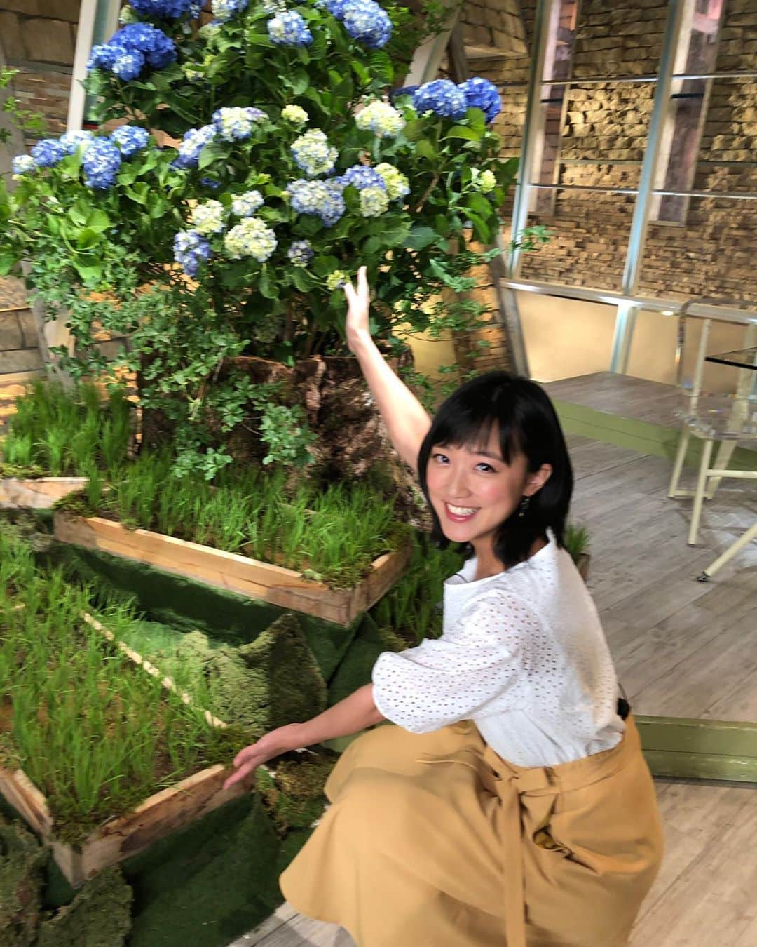 竹内由恵さんのインスタグラム写真 - (竹内由恵Instagram)「今週の報道ステーションのお花は、こちらー！ 紫陽花と田植えの稲のコラボレーション🤗苔もむしています。清々しいですね✨ 紫陽花が咲いている切株は、空洞を器にして利用しているそうです。 毎週報道ステーションの花のセットが美しくて私自身楽しみにしています。  #紫陽花#田植え#梅雨#スタジオセット#報道ステーション#雨のち晴れ」6月10日 21時47分 - yoshie0takeuchi