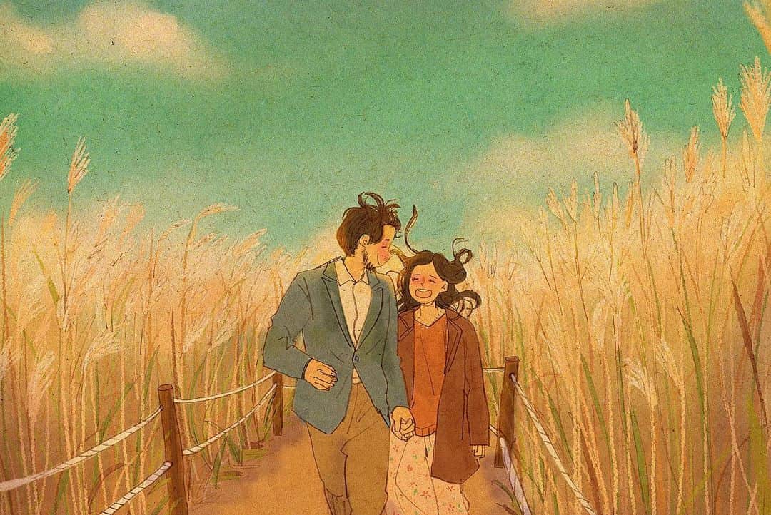アン・カーティスのインスタグラム：「💗❤️🧡💛💚💙💜🖤💗. One of my fave photos of us made into an illustration by my favourite @puuung1. Surprise @erwan 💘 @puuung1 - 아름다운 사진을 만들어 주셔서 감사합니다. 항상 당신의 최고의 팬으로 이선물을 영원히 간직하겠습니다. 감사합니다.」