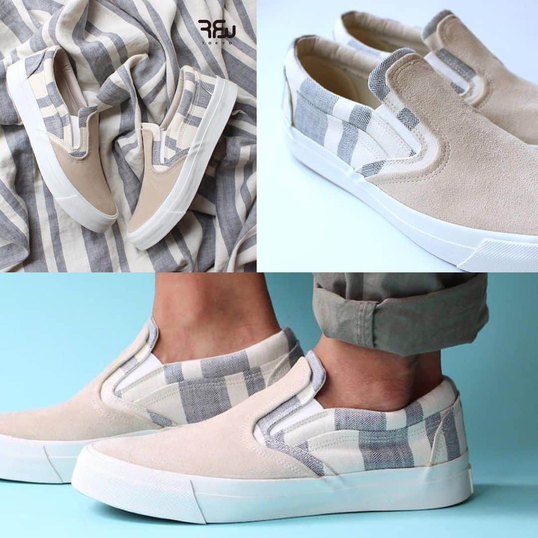 のインスタグラム：「《RFW 2019SS》  NAAN FOLIO STRIPE -White-  RFWのスリッポン〈NAAN-ナン-〉に 今季のシーズンモデルが発売中です。  アッパーはベロアとリネンストライプのコンビ 太めのストライプが印象的です。  ストライプと同系色のベロアが アッパー全体をうまくまとめており、 ガラモノながら非常に合わせ易いデザインです。  着脱しやすいスリッポンも これからの季節におすすめです。  This season RFW new slip-on series <NAAN> is out.  Made from the combinantion of velours and  stripe pattern linen base material.  Simple design with soft color tone. With cushion around the shoe mouth, makes your everyday wear more comfortable.  A cool chic style for your everyday. Recommended for this coming season !  www.rfwtokyo.com @rfwtokyo  #rfw #rfwtokyo #rhythmfootwear #sneaker #sneakers #kicks #instashoes #instakicks #sneakerhead #sneakerheads #nicekicks #sneakerfreak #kickstagram #2019ss #spring #summer #renewal #20th #aniversary #tokyo #rpm #rhythmprimarymarket #linen #stripe #suede #newarrival」