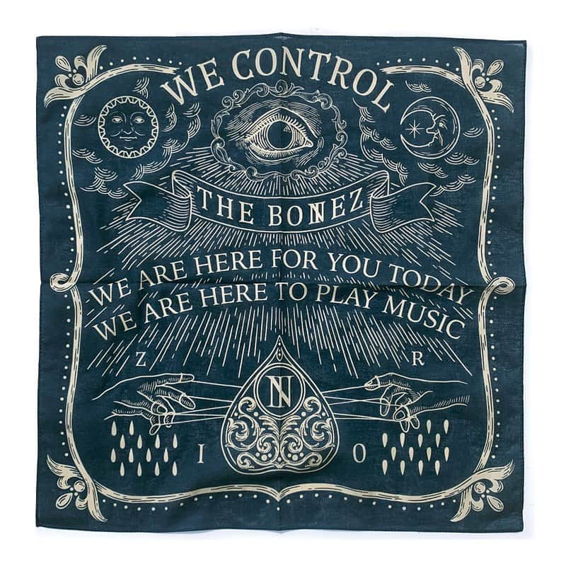 The BONEZさんのインスタグラム写真 - (The BONEZInstagram)「. 【-WE CONTROL- TOUR MERCH】  WE CONTROL BANDANA  Color : Mastered / Black / Navy Size : 53cm×53cm Price : 2,000yen . Ouija boardをモチーフに、 下部の左手(Z)はThe BONEZを、右手(R)はBONERを表し、 お互いが糸で操りあっている関係性を表してます。 目や月と太陽は運命や大いなる自然の力を描いてあります。 The BONEZとデザイナーDLOPがまたしてもタッグを組み 描き下ろされた3色展開のバンダナ。  #thebonez」6月10日 19時05分 - the____bonez