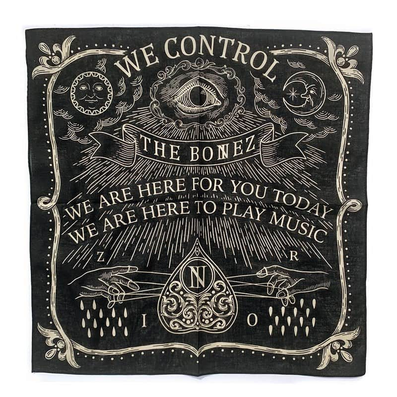 The BONEZさんのインスタグラム写真 - (The BONEZInstagram)「. 【-WE CONTROL- TOUR MERCH】  WE CONTROL BANDANA  Color : Mastered / Black / Navy Size : 53cm×53cm Price : 2,000yen . Ouija boardをモチーフに、 下部の左手(Z)はThe BONEZを、右手(R)はBONERを表し、 お互いが糸で操りあっている関係性を表してます。 目や月と太陽は運命や大いなる自然の力を描いてあります。 The BONEZとデザイナーDLOPがまたしてもタッグを組み 描き下ろされた3色展開のバンダナ。  #thebonez」6月10日 19時05分 - the____bonez