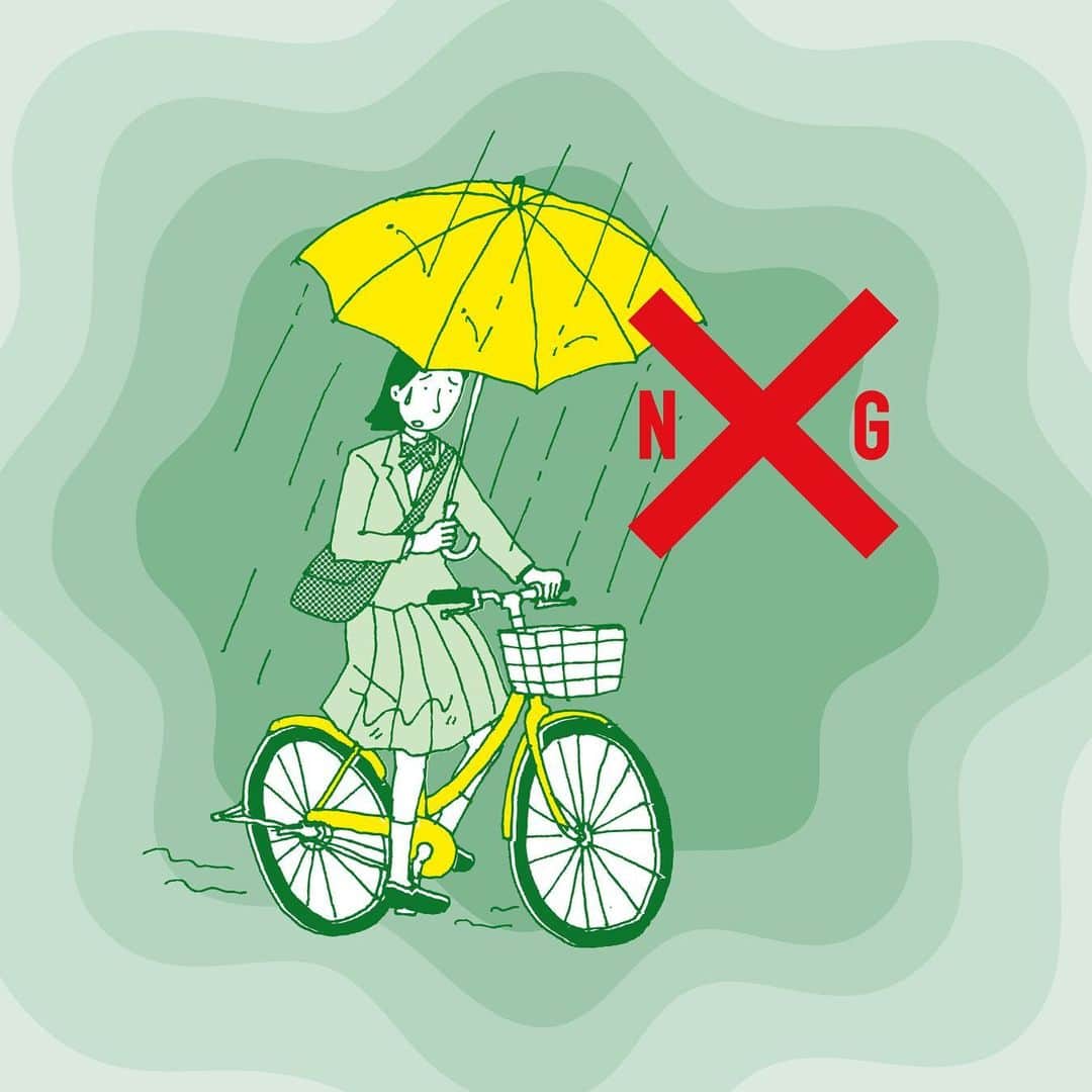 【公式】ブリヂストン×スクールのインスタグラム：「本日 6月11日は 傘の日です。  2015年6月1日に道路交通法が改正され、 自転車の違反が厳罰化されました。  ルールを守りながら、安心・安全で 快適な自転車通学を。  #今日は何の日 #傘の日 #知っていましたか？ #自転車は軽車両 #傘さし運転は禁止 #道路交通法 #安心安全な自転車通学 #毎日を楽しく、安全に #ブリヂストンサイクル #bridgestonecycle #ブリヂストン #bridgestone #通学自転車」