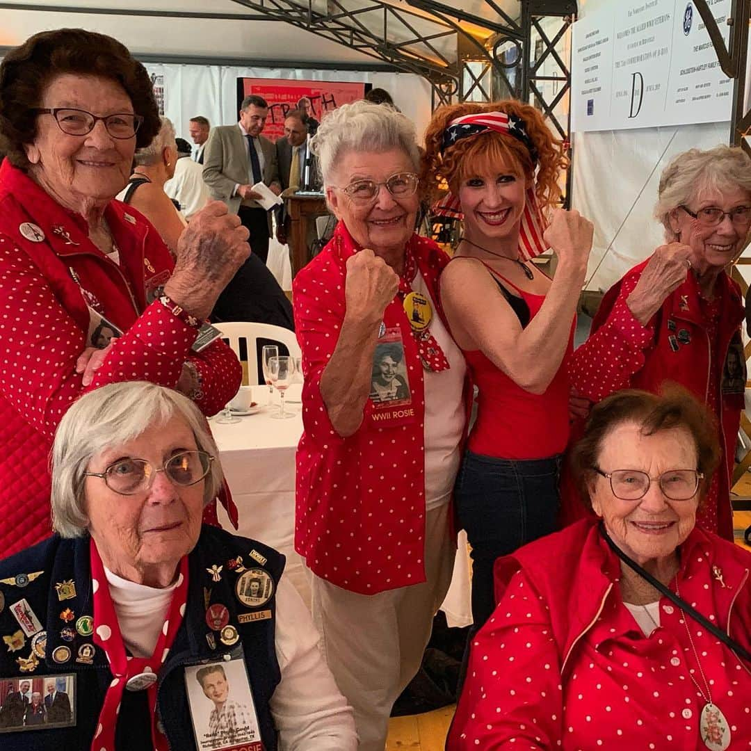 ボニー・モーガンさんのインスタグラム写真 - (ボニー・モーガンInstagram)「Powering Up with 5 original WW2 Rosie the Riveters! These ladies worked tirelessly welding and riveting for the frontlines at home while their men fought bravely overseas...Mae said, ”Power Up Girls“ and we all presented our arms! So honored to spend time with these brave strong women #wecandoit #rosietheriveters #strongwomen #ww2 #dday #realheros #dday75thanniversary #adventuresofbendybonnie #redpolkadots #rosietheriviter #powerup #thankyouforyourservice #veterans #bendybonnie」6月10日 23時36分 - bendybonnie