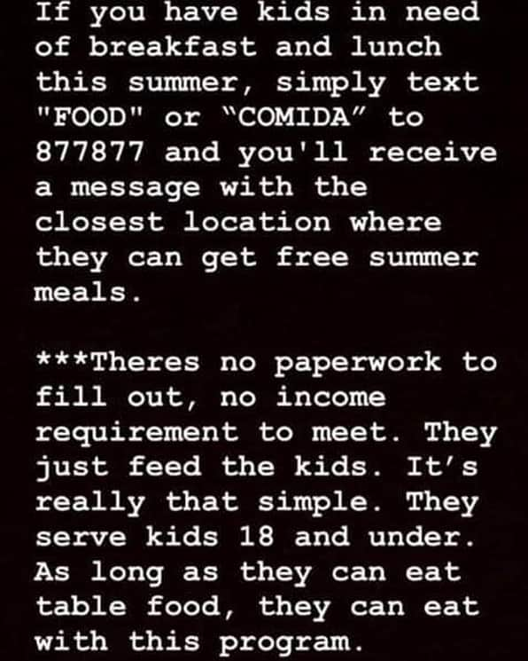 ジョディ・スウィーティンさんのインスタグラム写真 - (ジョディ・スウィーティンInstagram)「No Kid Hungry has access to info about tens of thousands of groups serving free meals nationwide as a part of the USDA Summer Food Service Program ——- Did you know thousands of children go hungry during summer break because for many, their only access to free or low-cost meals is when they’re at school?! There are still resources available, if you know where to look! ——— If you, or someone you know, struggles with consistent meals for their kids during summer months, text this number to find food near you! I promise, it actually works, you just have to enter your location!  #nokidhungry #lovethyneighbor #hungerinamericaisreal」6月11日 0時27分 - jodiesweetin