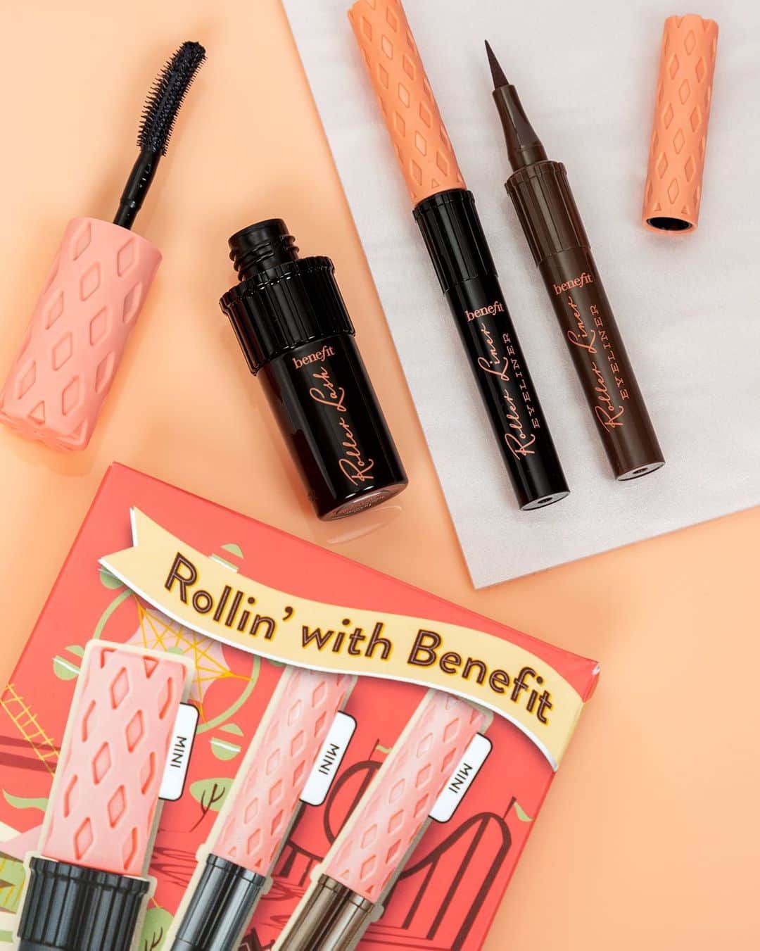 のインスタグラム：「Stop, drop & ROLL! 💖 Score our Rollin’ with Benefit set free with any $45+ #benefit purchase at @ultabeauty! It includes minis of our #rollerlash curling mascara & #rollerliner liquid liners in black & brown! ($37 value)! #benefit」