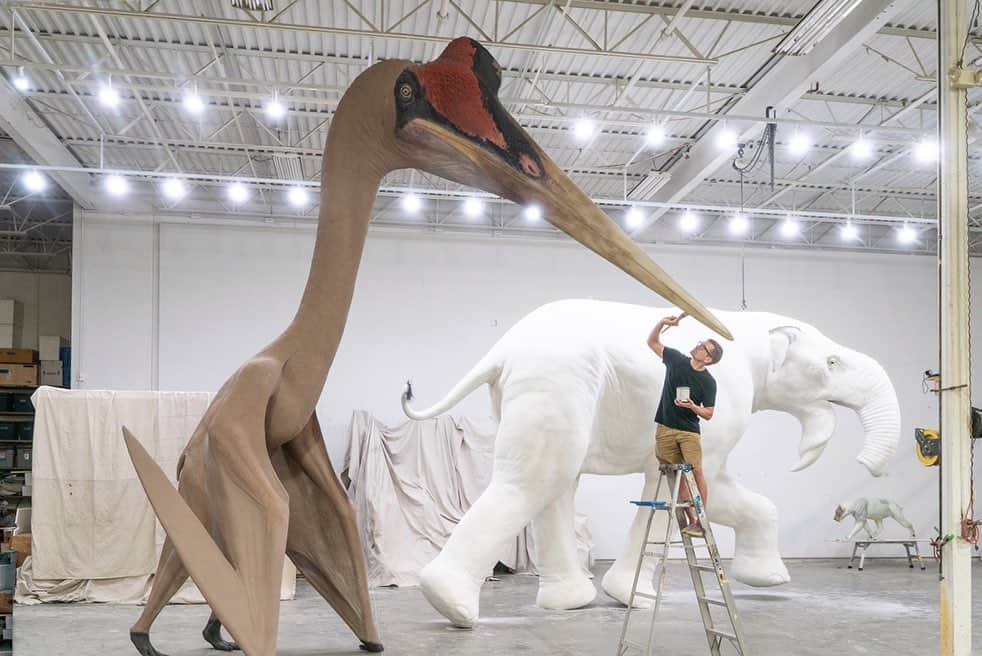 Robert Clarkさんのインスタグラム写真 - (Robert ClarkInstagram)「Nearly as tall as a giraffe and with the wingspan of an F-16 fighter, Quetzalcoatlus northropi was one of the largest flying animals of all time. This life-size model, being painted by @_jimBurt_ at Blue Rhino Studio, @bluerhinostudio, is bound for a cultural center in Kuwait  Bristling with teeth for catching fish, this Anhanguera piscator fossil retains its true-to-life shape—a prize for paleontologists. Its skull and other bones were found in a fossil-rich region of Brazil.」6月11日 3時24分 - robertclarkphoto