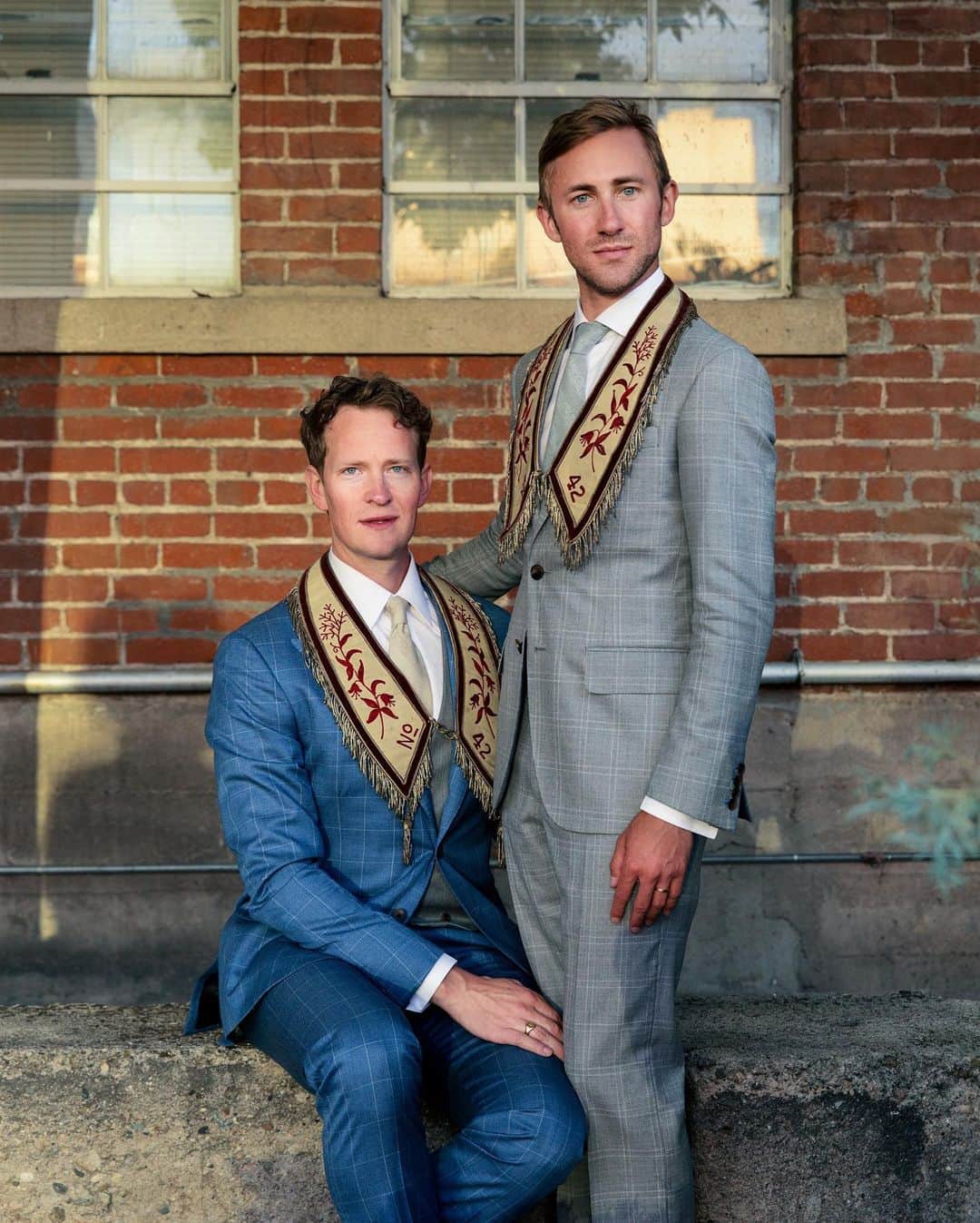 Paul Octaviousのインスタグラム：「2 years ago I flew to Boise, Idaho for what turned out to be the most beautiful, fun, gayest wedding I’ve ever been to!  A quiet moment as the sun was setting after the ceremony, I snuck back to see my friends, presented them with vintage ceremonial collars I had found back in Chicago and took their portrait.  Happy Anniversary @btperry & @nonmimel, love y’all so much」