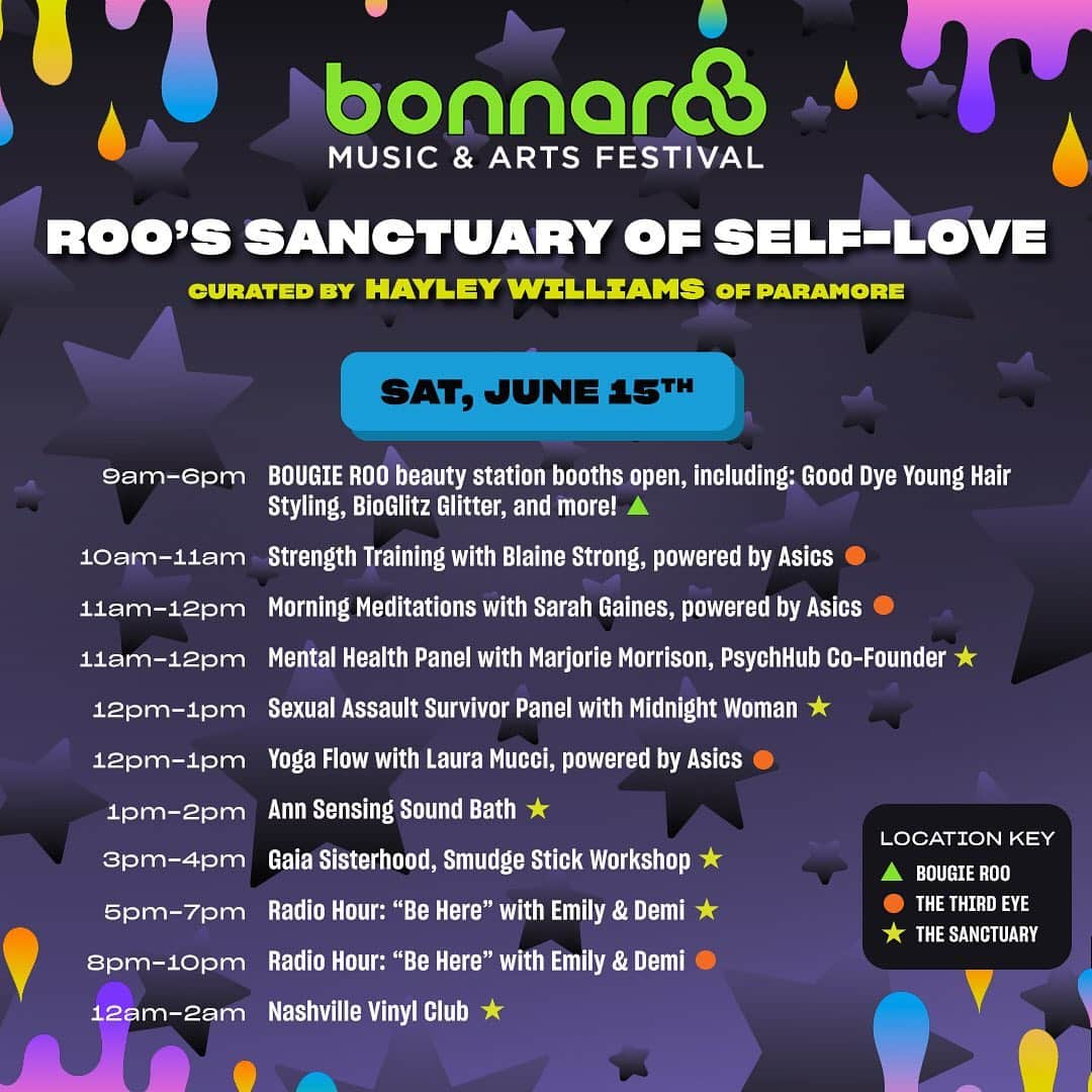 ヘイリー・ウィリアムスさんのインスタグラム写真 - (ヘイリー・ウィリアムスInstagram)「full schedule of the programming for Roo’s Sanctuary of Self-Love *corrected* 💒 i curated and dreamt up this “plaza” with a badass team of women @formationcreations (and a handful of others from my own team) that i feel so lucky to work with. many of these artists/therapists/companies/HUMANS etc were already close to my heart... and i’ve been introduced to more throughout the process of building this thing.  we all can’t wait to see it come to life and see you there, in it. 💒 happy @bonnaroo week! if you’re coming to the fest come check out the vibe at SOSL & take some time to love your damn self.」6月11日 8時10分 - yelyahwilliams