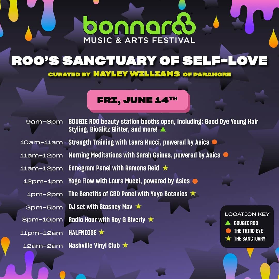 ヘイリー・ウィリアムスさんのインスタグラム写真 - (ヘイリー・ウィリアムスInstagram)「full schedule of the programming for Roo’s Sanctuary of Self-Love *corrected* 💒 i curated and dreamt up this “plaza” with a badass team of women @formationcreations (and a handful of others from my own team) that i feel so lucky to work with. many of these artists/therapists/companies/HUMANS etc were already close to my heart... and i’ve been introduced to more throughout the process of building this thing.  we all can’t wait to see it come to life and see you there, in it. 💒 happy @bonnaroo week! if you’re coming to the fest come check out the vibe at SOSL & take some time to love your damn self.」6月11日 8時10分 - yelyahwilliams