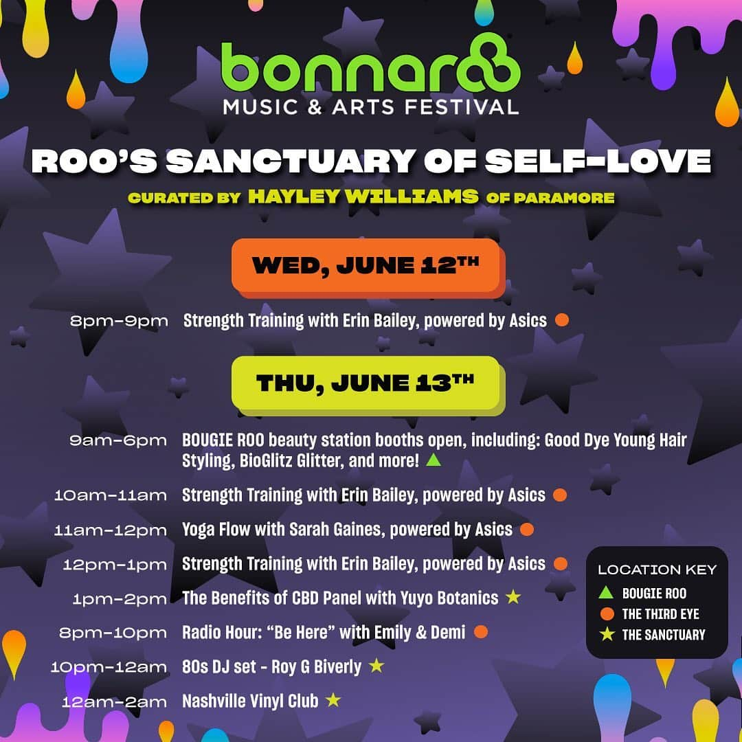 ヘイリー・ウィリアムスさんのインスタグラム写真 - (ヘイリー・ウィリアムスInstagram)「full schedule of the programming for Roo’s Sanctuary of Self-Love *corrected* 💒 i curated and dreamt up this “plaza” with a badass team of women @formationcreations (and a handful of others from my own team) that i feel so lucky to work with. many of these artists/therapists/companies/HUMANS etc were already close to my heart... and i’ve been introduced to more throughout the process of building this thing.  we all can’t wait to see it come to life and see you there, in it. 💒 happy @bonnaroo week! if you’re coming to the fest come check out the vibe at SOSL & take some time to love your damn self.」6月11日 8時10分 - yelyahwilliams