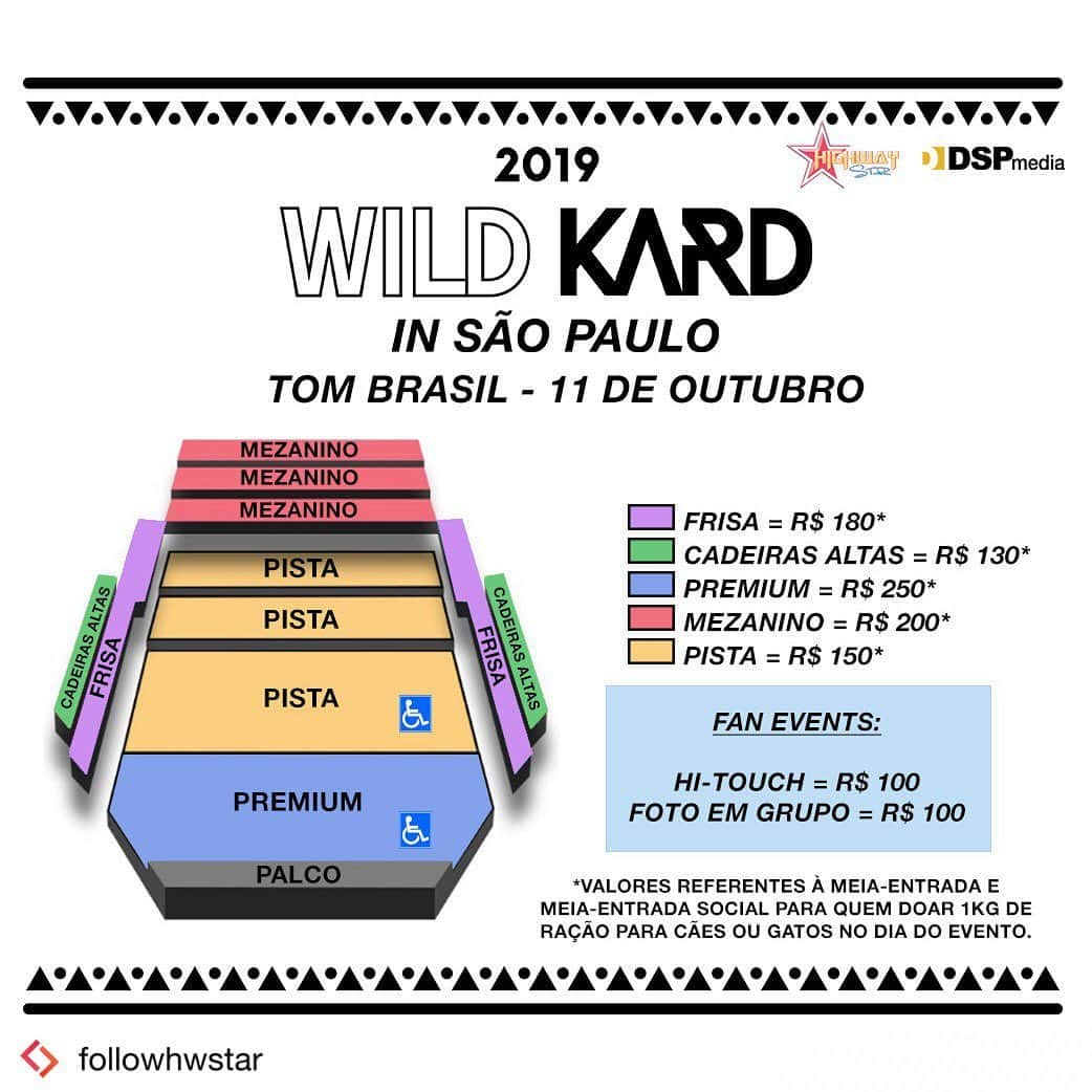 K.A.R.Dさんのインスタグラム写真 - (K.A.R.DInstagram)「#Repost from @followhwstar . 2019 WILD KARD IN SÃO PAULO  Data: 11/10/2019 Local: Tom Brasil  Ingressos: Pista-premium: R$250 (meia-entrada) | R$500 (inteira) Pista: R$150 (meia-entrada) | R$300 (inteira) Camarote: R$200 (meia-entrada) | R$400 (inteira) Cadeira Alta: R$130 (meia-entrada) | R$260 (inteira) Frisa: R$150 (meia-entrada) | R$300 (inteira) Hi-touch: R$100 (valor único) Foto em Grupo: R$100 (valor único)  Início das vendas: 22/06, às 15h  Vendas: sympla.com.br  #WILDKARDinSP #WILDKARDnoBrasil」6月11日 9時46分 - official_kard