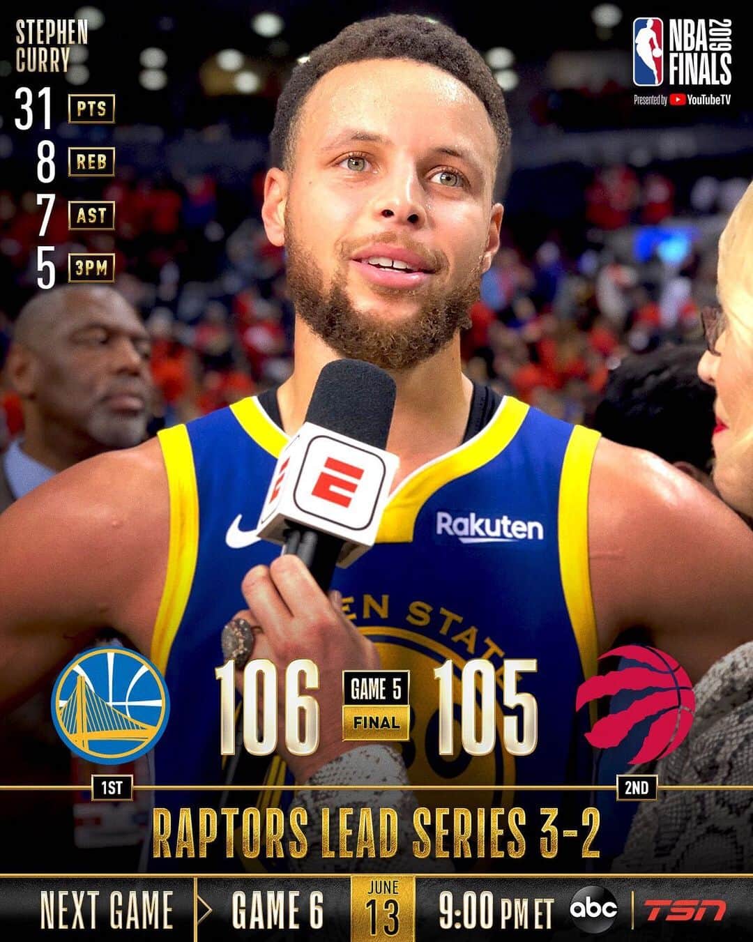 NBAさんのインスタグラム写真 - (NBAInstagram)「The @warriors (2-3) defeat the @raptors 106-105 in Game 5 of the 2019 #NBAFinals to force a Game 6 on Thursday!」6月11日 12時49分 - nba