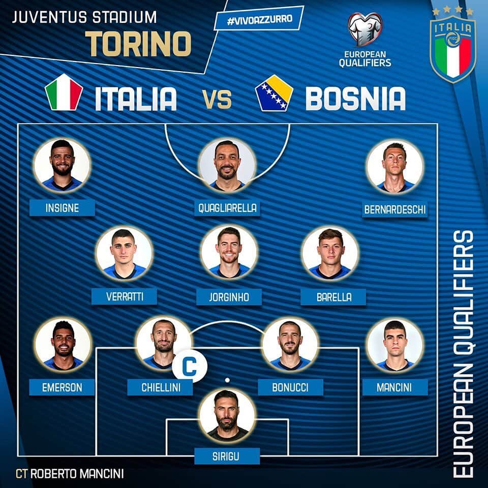 サッカーイタリア代表さんのインスタグラム写真 - (サッカーイタリア代表Instagram)「Gli 11 #Azzurri 💙 scelti dal ct Roberto #Mancini! 🇮🇹🇧🇦 #ItaliaBosnia ⏱ 20.45 - #RaiUno 🏟 #JuventusStadium - #Torino  #EuropeanQualifiers 🇪🇺 #Euro2020  #Nazionale #VivoAzzurro」6月12日 2時27分 - azzurri