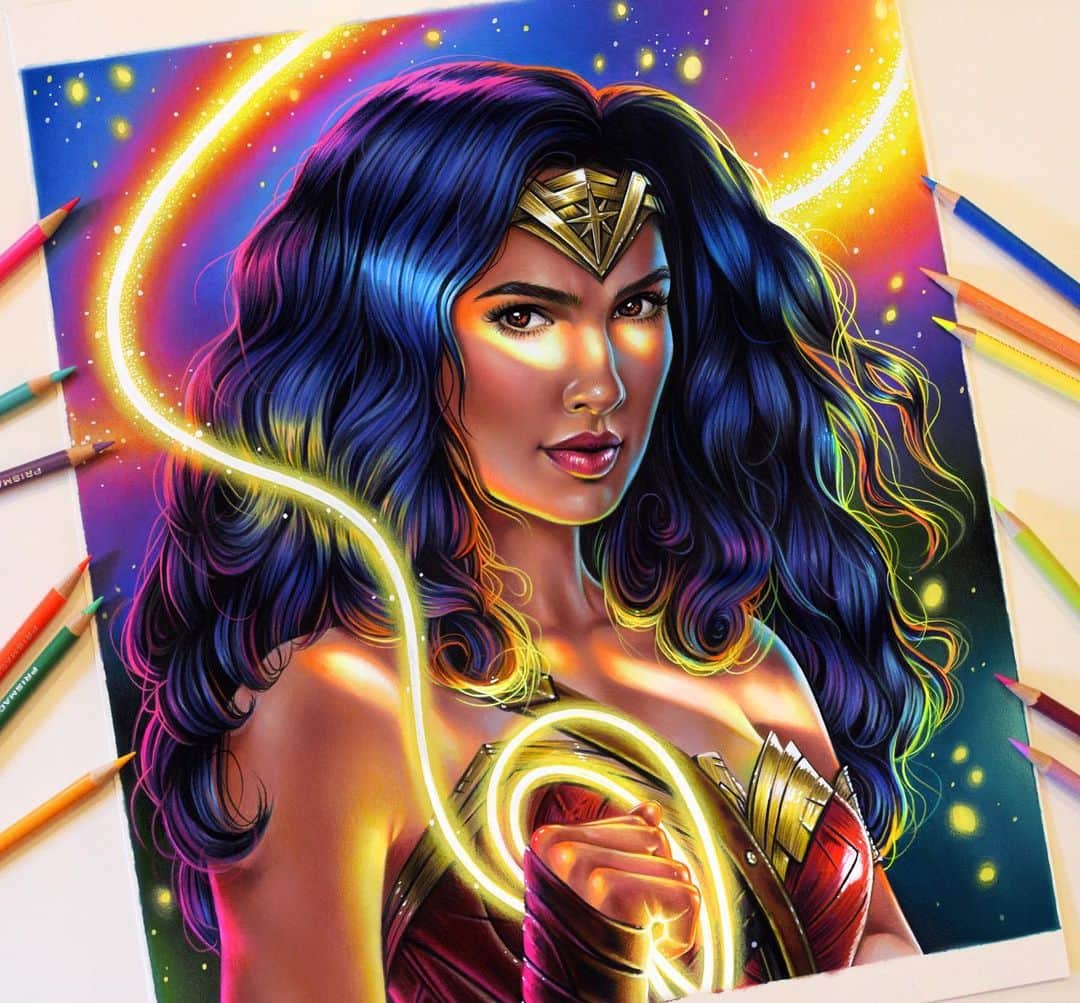 Morgan Davidsonのインスタグラム：「Had so much fun working on this colored pencil drawing of Wonder Woman for @tampabaycomiccon ‘s poster this year! It wouldn’t be my spin on her if it wasn’t bursting with color and light! Lol So honored to be a featured artist and meet some of you guys at my first comic con ever this August 2-4! 💃💕💖」