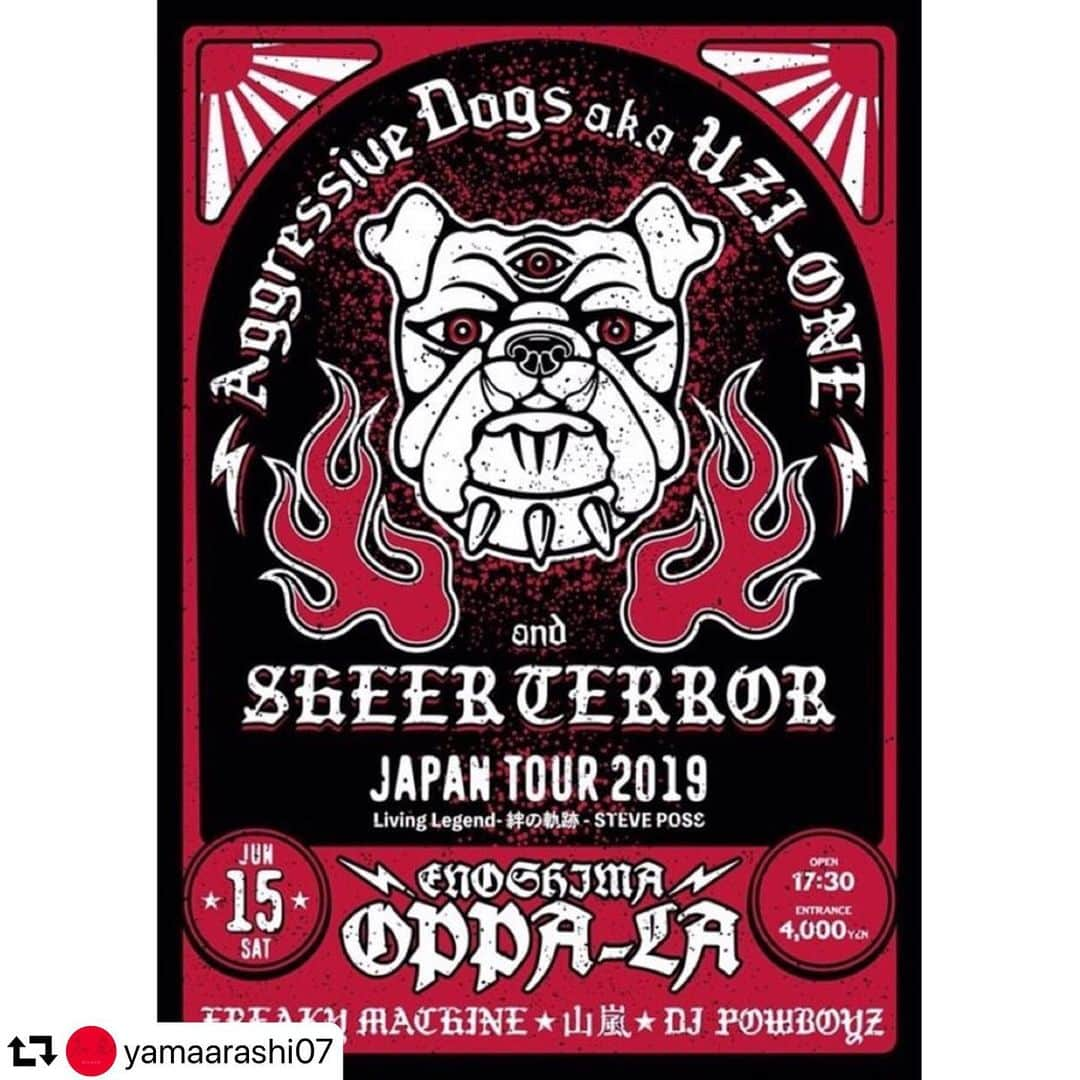 SATOSHIのインスタグラム：「今週末です。 #repost @yamaarashi07 ・・・ いよいよ今週末開催！  AGGRESSIVE DOGS & SHEER TERROR Japan Tour  6.15(Sat) @ 江ノ島 OPPA-LA ¥4.000 17:30 Open 18:00 Start  LIVE SHEER TERROR (from NY) AGGRESSIVE DOGS (from 北九州) 山嵐 FREAKY MACHINE  DJ POWBOYZ  #sheerterror #aggressivedogs  #山嵐 #freakymachine  #powboyz #地元」