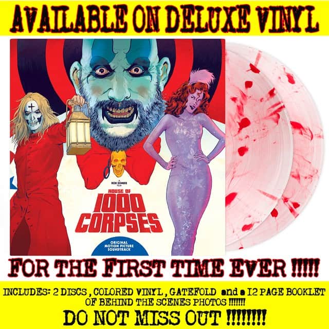 ロブ・ゾンビのインスタグラム：「OH YEAH !!!! From @waxworkrecords comes HOUSE OF 1000 CORPSES soundtrack. Includes 2 blood splattered albums! A 12 pages booklet of rare and never before seen behind-the-scene photos along with liner notes by me! This a beautiful package so pre-order now!!! Go to waxworkrecords.com #houseof1000corpses #robzombie #sherimoonzombie #billmoseley #sidhaig #drsatan」
