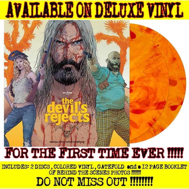 ロブ・ゾンビのインスタグラム：「Oh shit! Now available for the first time on vinyl THE DEVIL'S REJECTS! From @waxworkrecords comes a monster of a soundtrack! The amazing package includes a wicked gatefold, 2 "sand and blood" vinyl records! 12 page book of rare and never seen photos along with liner notes by me! Go to waxworkrecords.com to pre-order now !!!!!! #thedevilsrejects #robzombie #sherimoonzombie #billmoseley #sidhaig #freebird」