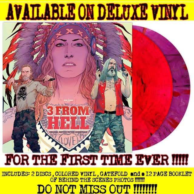 ロブ・ゾンビのインスタグラム：「And now to complete the trilogy! 3 FROM HELL soundtrack!!!!! Be the first to snag this wicked double album from @waxworkrecords. This killer package includes 2 colored discs: disc one is the entire score by @zeussproducer and the second disc is the kickass songs you expect from a Zombie film. Along with that a 12 page booklet of never seen photos, beautiful artwork by Robert Sammelin including a gatefold! Order now from waxworkrecords.com #threefromhell #robzombie #waxworksrecords #sherimoonzombie #dannytrejo #billmoseley #richardbrake #jeffdanielphillips #sidhaig #deewallace #panchomoler #emiliorivera」