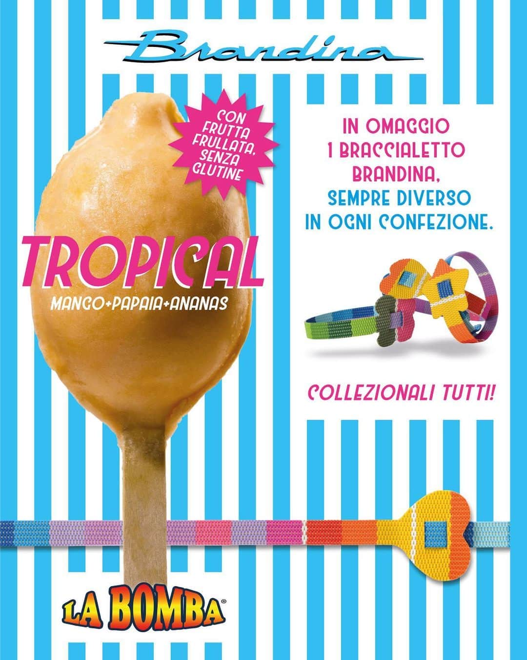 のインスタグラム：「Vieni a trovarci dal 14 al 16 Giugno all’EUROPA STREET FOOD FESTIVAL DI PESARO in Piazzale della Libertà ad assaggiare il nuovo ghiacciolo artigianale con 100% frutta frullata naturale, realizzato in collaborazione con LA BOMBA di Santarcangelo di Romagna. In omaggio in ogni confezione un braccialetto Brandina, colleziona tutti i colori!  #labombabrandina #brandinatheoriginal #brandina#brandinavan #pesarofoodfestival#pesarofoodfestival2019#foodfestival #streetfood #icecream#icelolly #icicle #summer #gelato#ghiacciolo #summer2019 #bag#bags #fashion #stripes #van」