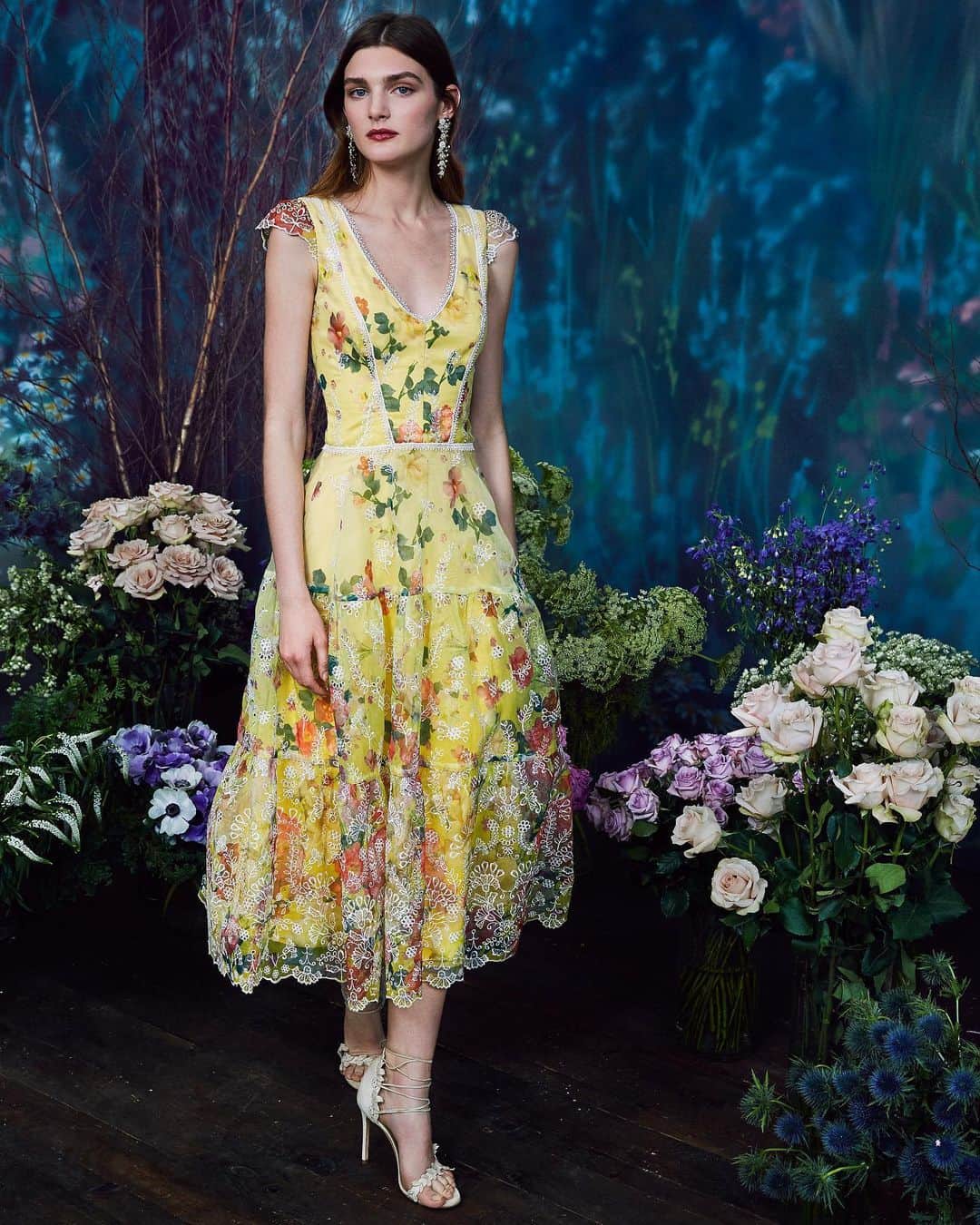 Marchesaさんのインスタグラム写真 - (MarchesaInstagram)「Look 8 from the Pre-Fall 2019 Marchesa Notte collection features a cap sleeve printed eyelet organza tea-length cocktail with dainty bauble trim. #marchesa #marchesanotte」6月12日 0時39分 - marchesafashion