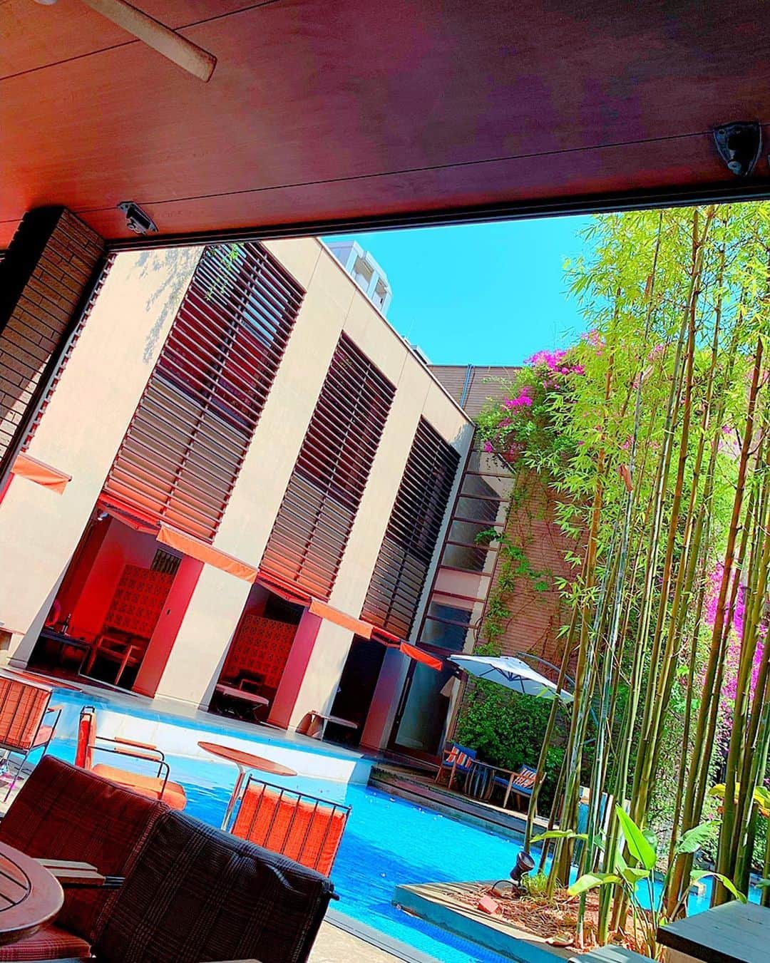 百合華さんのインスタグラム写真 - (百合華Instagram)「ランチの後は博多のお洒落なホテル『WITH THE STYLE FUKUOKA』の、緑や水に囲まれた開放感のあるダイニングカフェでまったりティータイム🥰﻿ ﻿ そよ風を感じられる眺めの良いソファー席が心地良すぎて気がつけばお昼寝しておりました💤﻿ ﻿ この季節は壁面につたう色鮮やかなビビッドピンクのブーゲンビリアが満開で、中庭に流れるプールの水色と緑とのコントラストがとっても美しかったです💕﻿ ﻿ #福岡県﻿ #博多﻿ #ホテル﻿ #withthestylefukuoka﻿ #ダイニングカフェ﻿ #開放感﻿ #中庭﻿ #そよ風﻿ #ソファー席﻿ #お昼寝﻿ #ビビッドピンク﻿ #ブーゲンビリア﻿ #満開﻿ #コントラスト﻿ #美しい﻿ ﻿ ﻿ ﻿」6月12日 11時19分 - yurika.lovelily