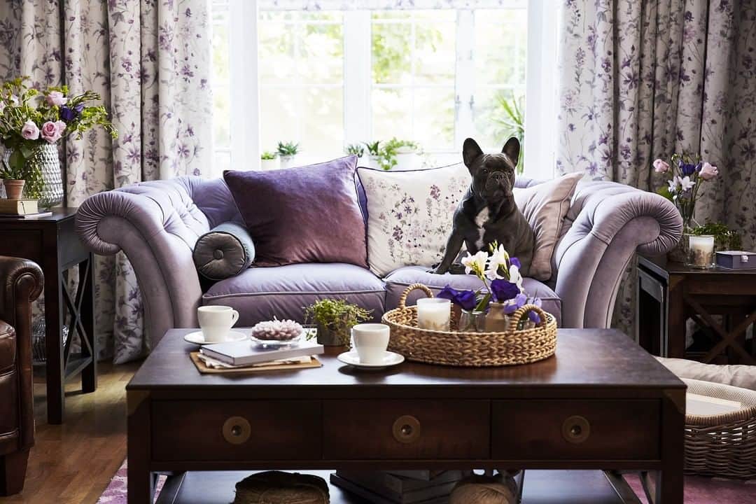 ローラアシュレイのインスタグラム：「Inspired by nature, this modern country look adds character and homespun appeal to your home. Clark thinks our #WildMeadow collection makes the pawfect home 🐾@frenchieboyclark」