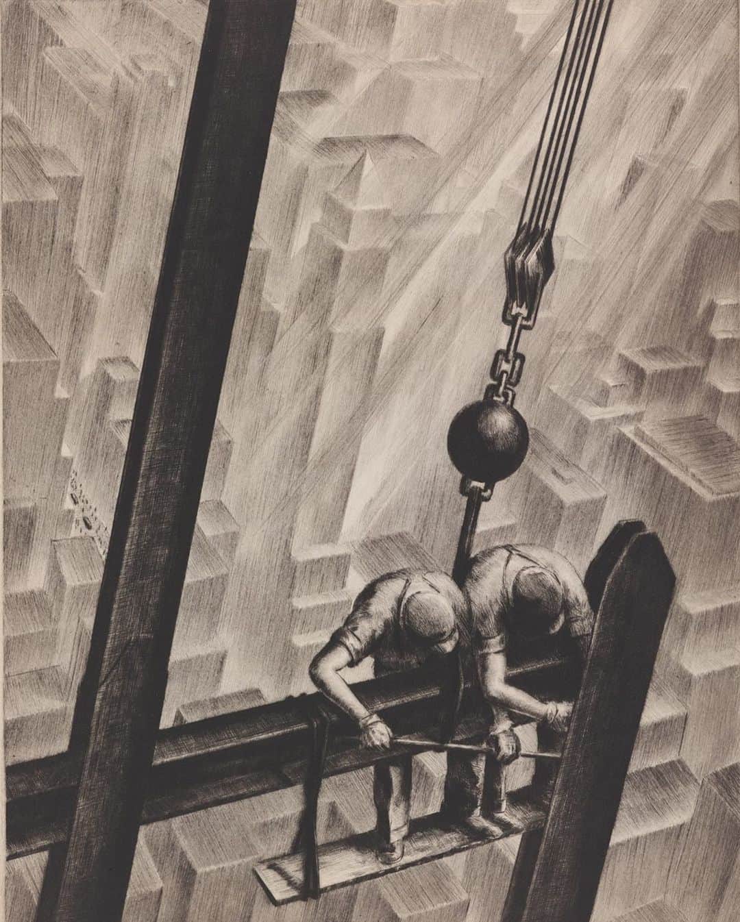 フィラデルフィア美術館さんのインスタグラム写真 - (フィラデルフィア美術館Instagram)「Skyscrapers were considered uniquely American: a new form of architecture that spoke to the power of the businessmen who funded them, the genius of the architects who designed them, and the perseverance of the laborers who built them. As such, skyscrapers became modern symbols of American ingenuity and optimism meant to rival the great cathedrals of Europe. Artists in the United States eagerly incorporated these symbols into their work, attempting to recreate the buildings’ power and prestige on two-dimensional surfaces. Learn more about Americans in the 1930s and 1940s in "We the People: American Prints from Between the World Wars." • “Men of Steel," 1936 (published 1941), by Samuel L. Margolies」6月12日 9時58分 - philamuseum