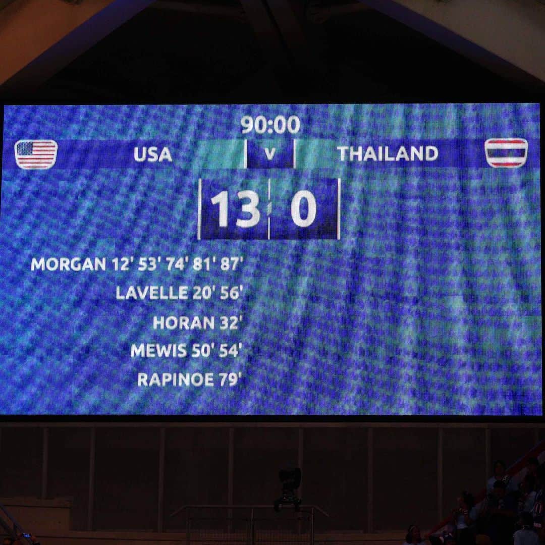 のインスタグラム：「. NEW RECORD （2019.06.11） 12’ Morgan 20’ Lavelle 32’ Horan 50’ Mewis 53’ Morgan 54’ Mewis 56’ Lavelle 74’ Morgan 79’ Rapinoe 81’ Morgan 85’ Pugh 87’ Morgan 90’+2’ Lloyd . 📷Photo by Craig Mercer/MB Media/Getty Images . #USA #アメリカ代表 #🇺🇸 #FIFAWWC #FIFAWomensWorldCup #FIFA #女子ワールドカップ #ワールドカップ #football #サッカーキング #⚽️#サッカー」
