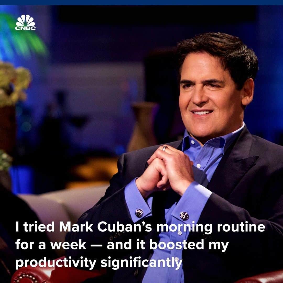 CNBCさんのインスタグラム写真 - (CNBCInstagram)「Mark Cuban fits a lot into each day: He stars on “Shark Tank,” owns the Dallas Mavericks and is a father of three. Plus, he finds time to read “four to five hours a day,” he tells @CNBCMakeIt.⠀ ⠀ The self-made billionaire is productive from the moment he wakes up at 6:30 a.m. The first thing he does is check email from his bed and tackle any high-priority items. The rest of Cuban’s morning includes catching up on the news, working out for at least an hour — he prefers pick-up basketball — and drinking a cup of decaf coffee. :coffee:⠀ ⠀ “Every morning, I’m rising, I’m grinding, I’m learning,” Cuban says.⠀ ⠀ But would Cuban’s routine work for a normal person? One of our writers tried his morning routine for a whole week. Check the link in our bio for her results!⠀ *⠀ *⠀ *⠀ *⠀ *⠀ *⠀ *⠀ *⠀ #coffee #gym #breakfast #morning  #coffeelover #goodmorning #morningroutine #productivity #markcuban #markcubanquotes #sharktank #routine #success #goals #priorities #worklifebalance #cnbc #cnbcmakeit」6月12日 19時02分 - cnbc
