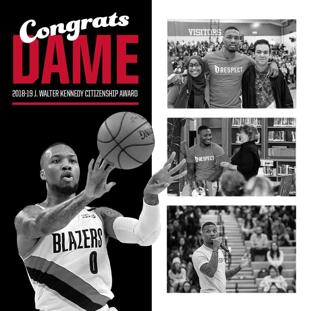 ポートランド・トレイルブレイザーズさんのインスタグラム写真 - (ポートランド・トレイルブレイザーズInstagram)「@damianlillard has been awarded the 2018-19 J. Walter Kennedy Citizenship Award because of his outstanding service & dedication to the community. Congrats, Dame! So well deserved ❤️」6月13日 1時54分 - trailblazers