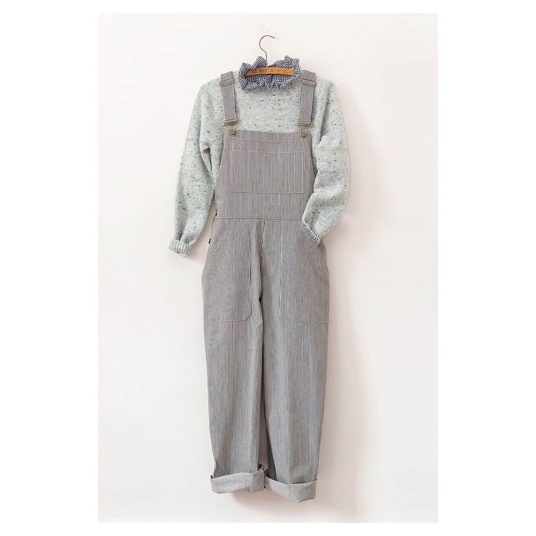 キャベジズ&ローゼズのインスタグラム：「Sage Advice 💚 The Freya Sweater in Sage is perfect for layering. We are partial to pairing Freya with our classic dungarees. Freya and the Dungarees in Candy Stripe Black are pictured with the Emeline Blouse in gingham coming soon #summerknits #britishfashion #britishfabric #madeinlondon #scottishknitwear #sustainableluxury #greensweater #dungarees #cabbagesandroses #cabbagesandrosesfashion @christina_strutt @cabbagesandroses_shop 👆Link In Bio👆」