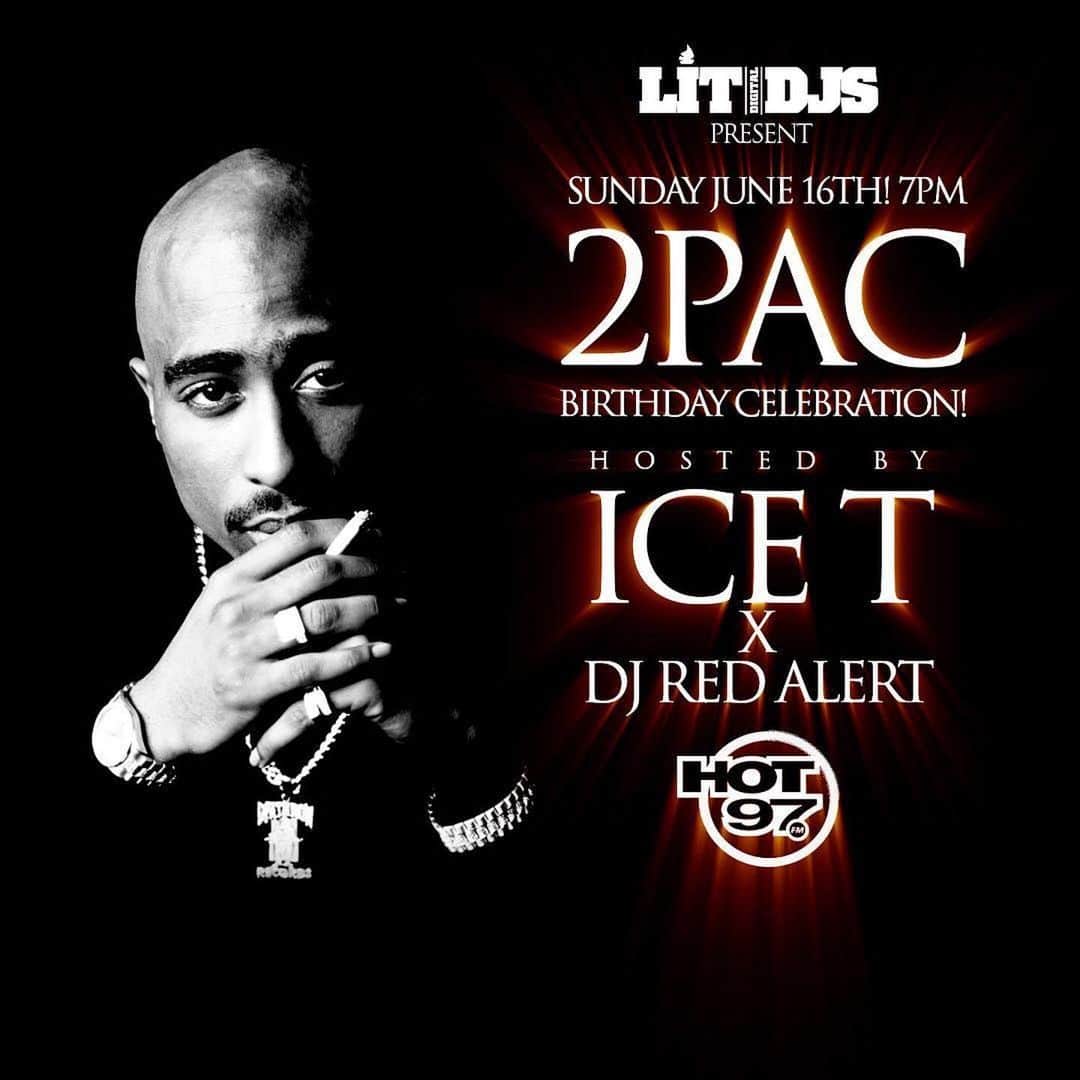 ファンクマスター・フレックスのインスタグラム：「YES SIR!!!! Hope you ready!!! @litdigitaldjs Presents the 2PAC BIRTHDAY CELEBRATION!!! @hot97 Sunday June16th!!! 7pm!!! Hosted by @icet x @kooldjredalert !!!! We rolling!!!!」
