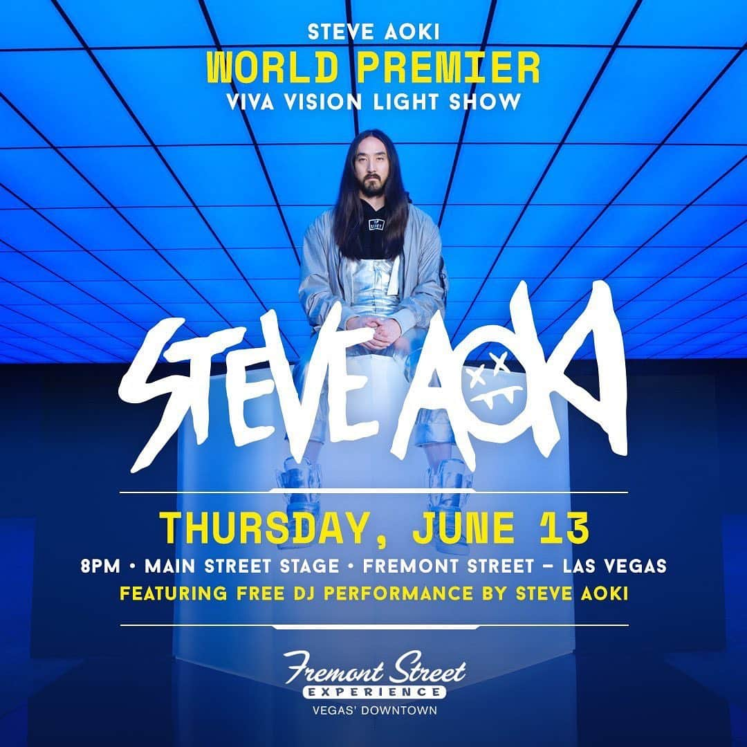 スティーヴ・アオキさんのインスタグラム写真 - (スティーヴ・アオキInstagram)「If ur in Vegas tmrw come thruuuu!! Check out the first glimpse of the new Viva Vision light show. I’ll be DJing 🙃 #fremont」6月13日 14時58分 - steveaoki