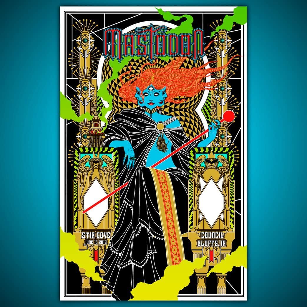 マストドンさんのインスタグラム写真 - (マストドンInstagram)「Council Bluffs tomorrow!  Mastodon 'The Unheavenly Skye Tour' limited edition screen print: 12 of 26 - Council Bluffs, IA | 6/13 Artwork by: Kristina Collantes – Poster series produced by: Lady Lazarus @kristinacollantes @ladylazarustx #unheavenlyskyetour #mastodonrocks #limitededition #gigposters #ladylazarus #kristinacollantes」6月13日 8時31分 - mastodonrocks