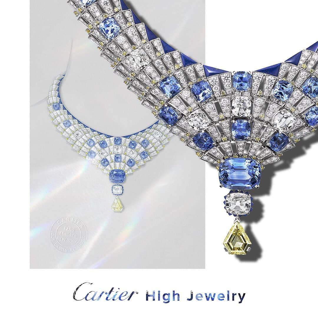 カルティエさんのインスタグラム写真 - (カルティエInstagram)「Blue sapphires, yellow diamonds and lapis lazuli spark light from another world in this #CartierMagnitude necklace worn by #lilycollins at the #CartierHighJewelry Gala in London. #HighJewelry」6月14日 0時25分 - cartier