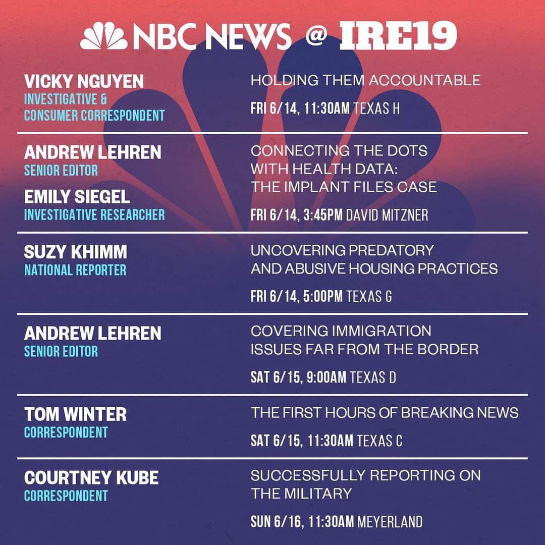 NBC Newsさんのインスタグラム写真 - (NBC NewsInstagram)「We're at #IRE19 to discuss @NBCNews’ investigative coverage of health, immigration, the military, and more. . Follow along with updates on insights from our @IRE_NICAR panels.」6月14日 0時32分 - nbcnews