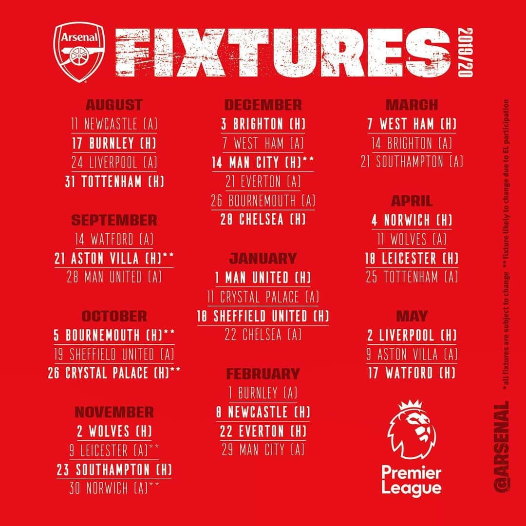 アーセナルFCさんのインスタグラム写真 - (アーセナルFCInstagram)「🗓 Our 2019/20 fixtures have been released! 🔴 #AFC #Arsenal #ArsenalFC #COYG #Gunners #premierleague #PL」6月13日 17時03分 - arsenal