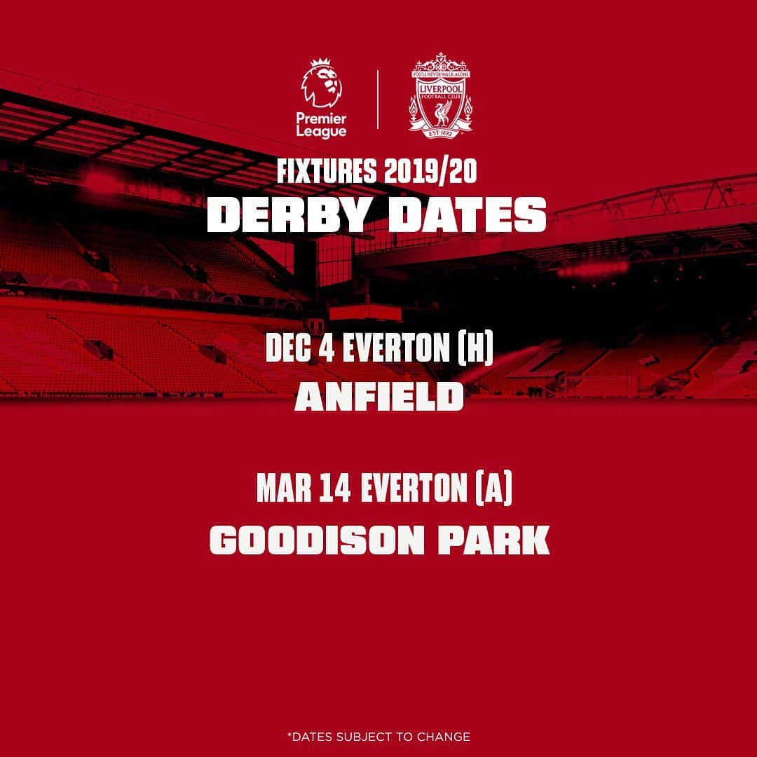 リヴァプールFCさんのインスタグラム写真 - (リヴァプールFCInstagram)「🔴 DERBY DATES 🔴 When we will face @everton next season 👌 #LFC #LiverpoolFC #PLfixtures」6月13日 17時31分 - liverpoolfc