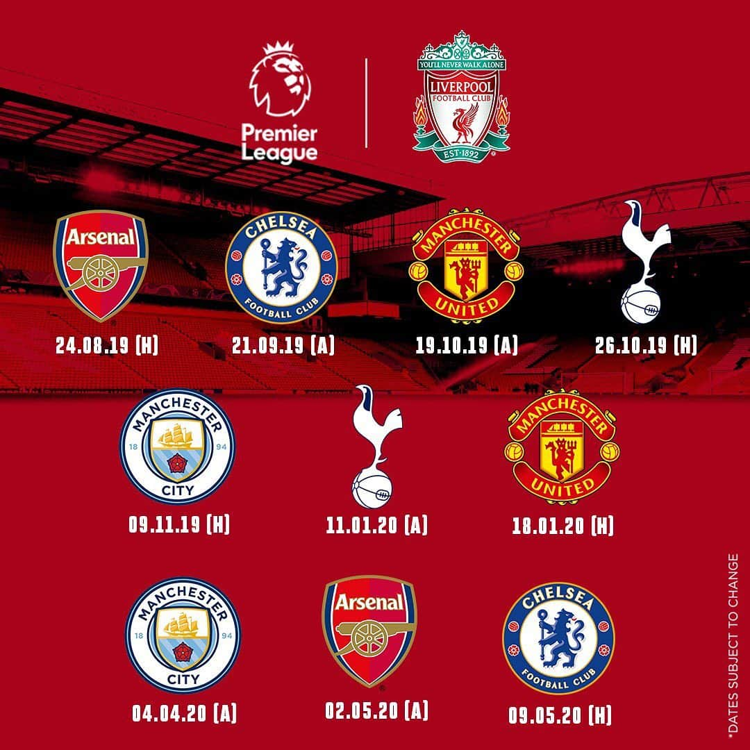 リヴァプールFCさんのインスタグラム写真 - (リヴァプールFCInstagram)「BIG fixtures. 👊 Which game are you most looking forward to?👇 #LFC #LiverpoolFC #PremierLeague」6月13日 18時00分 - liverpoolfc