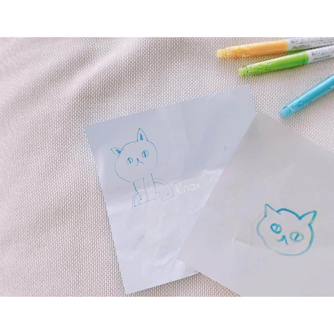 kinaxのインスタグラム：「. good evening(๑′ᴗ‵๑)🌃in Japan, and good morning, good afternoon, good night for world friends! . 今日は暑かったねー☀️ 気温差が激しいから体がついていかないよ(´Д` ) みんなも体調崩さないようにしてね。 . . 汗だくで帰ってきたちびっこ姉さんに むちこさんがじゃれついて おねだりして描いてもらっていたネコちゃんが 可愛かったのでパチリʕ •́؈•̀ ₎📷 . 後ろ足がだいぶ柔軟ねʕ •́؈•̀ ₎笑笑 . . 話はちょっと変わって わんこのトイレシートを買いに行ったら かわいいかわいい子猫がいて むちこさんと2人で釘付けになっていたら スタッフのお姉さんが抱かせてくれたよ🐈 . 赤ちゃんてなんであんなに可愛いんだろうねぇʕ •́؈•̀ ₎♡ . . 猫ちゃんもいつか飼ってみたいなぁと思うけど わんこの事とか 好きすぎて構って欲しいむちこさんとか 色々悩むことはたくさんあるから いつか新しいいのちをお迎えする準備ができたらいいな。 . . それにしても可愛かった…(´Д` )♡ . . みんなも楽しい1日を♡ . #親バカ部 #ちびっこ画伯 #シュールでかわいい 2019/06/13」