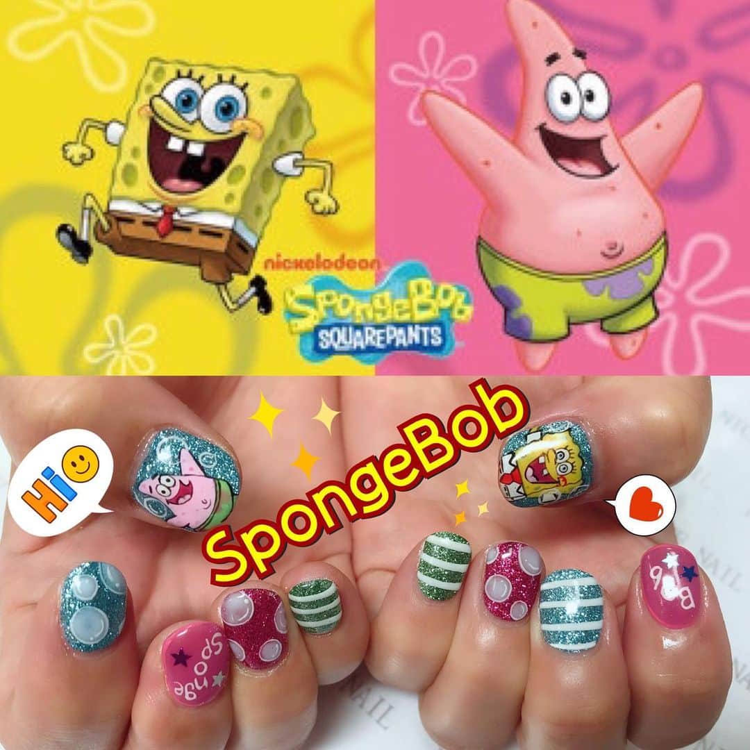 小嶋晶子のインスタグラム：「(◎´艸`{ New nail💅I really like this!! #nail #nails #newnail #newnails #spongebob #patrick #スポンジボブ #パトリック #ボブは海綿 #パトリックはヒトデ」